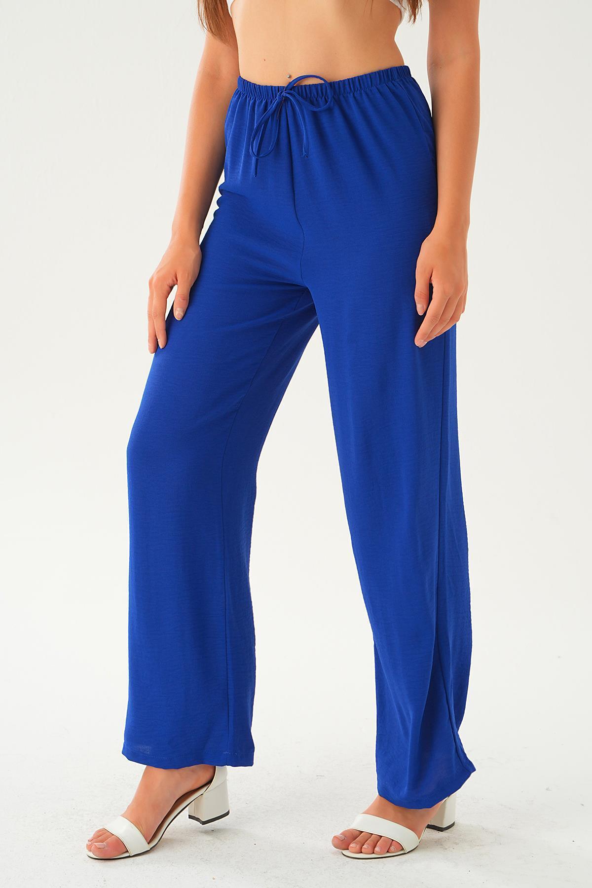 Saks Beli Lastikli Bol Paça Dokuma Pantolon 4284-1 - 2