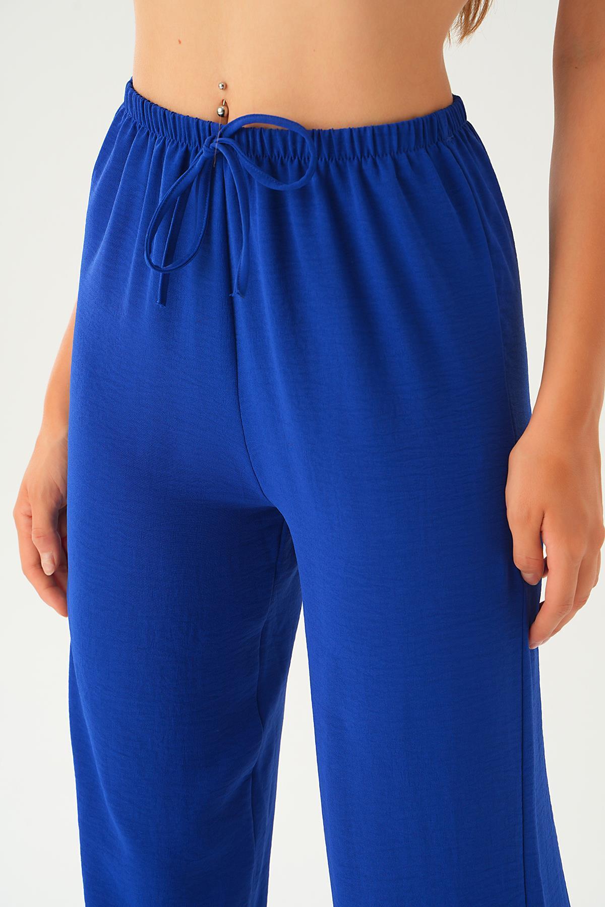 Saks Beli Lastikli Bol Paça Dokuma Pantolon 4284-1 - 6