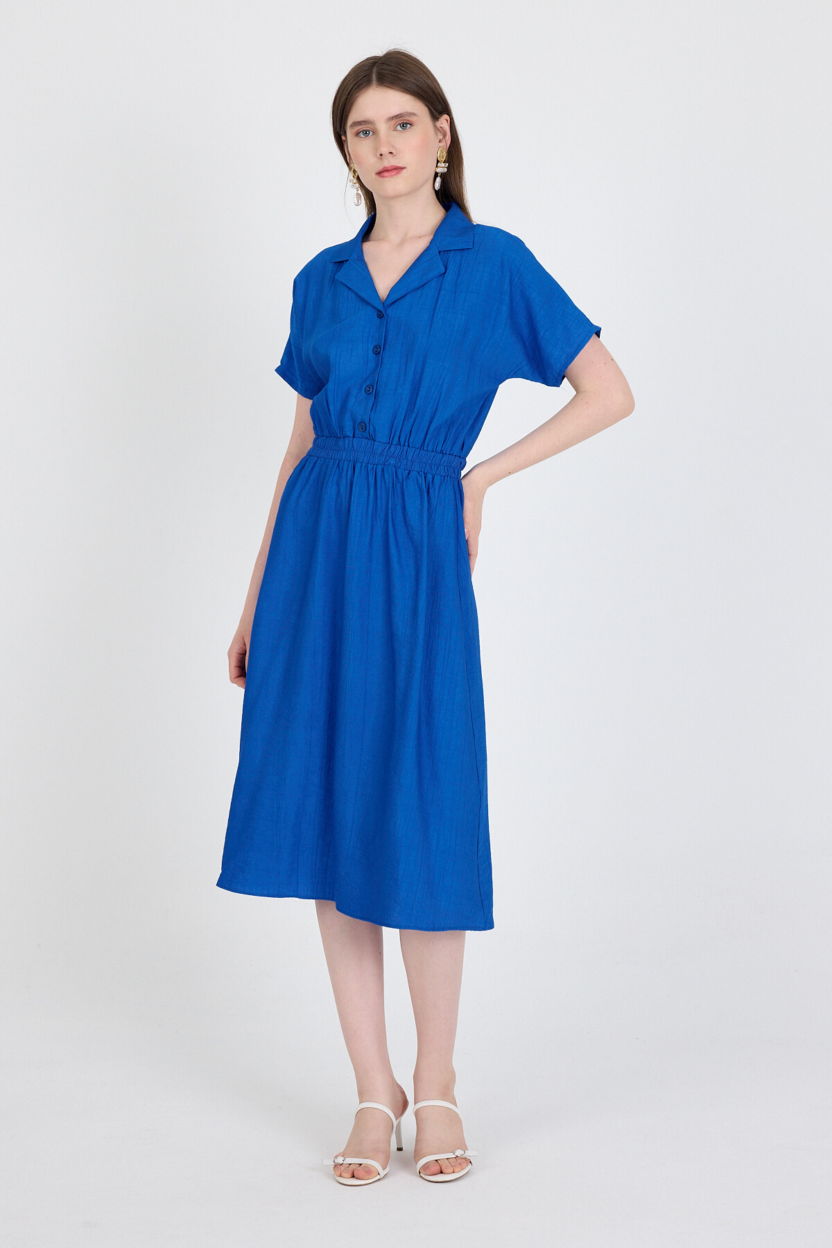 Saks Beli Lastikli Gömlek Yaka Kısa Kol Midi Elbise 4475A 