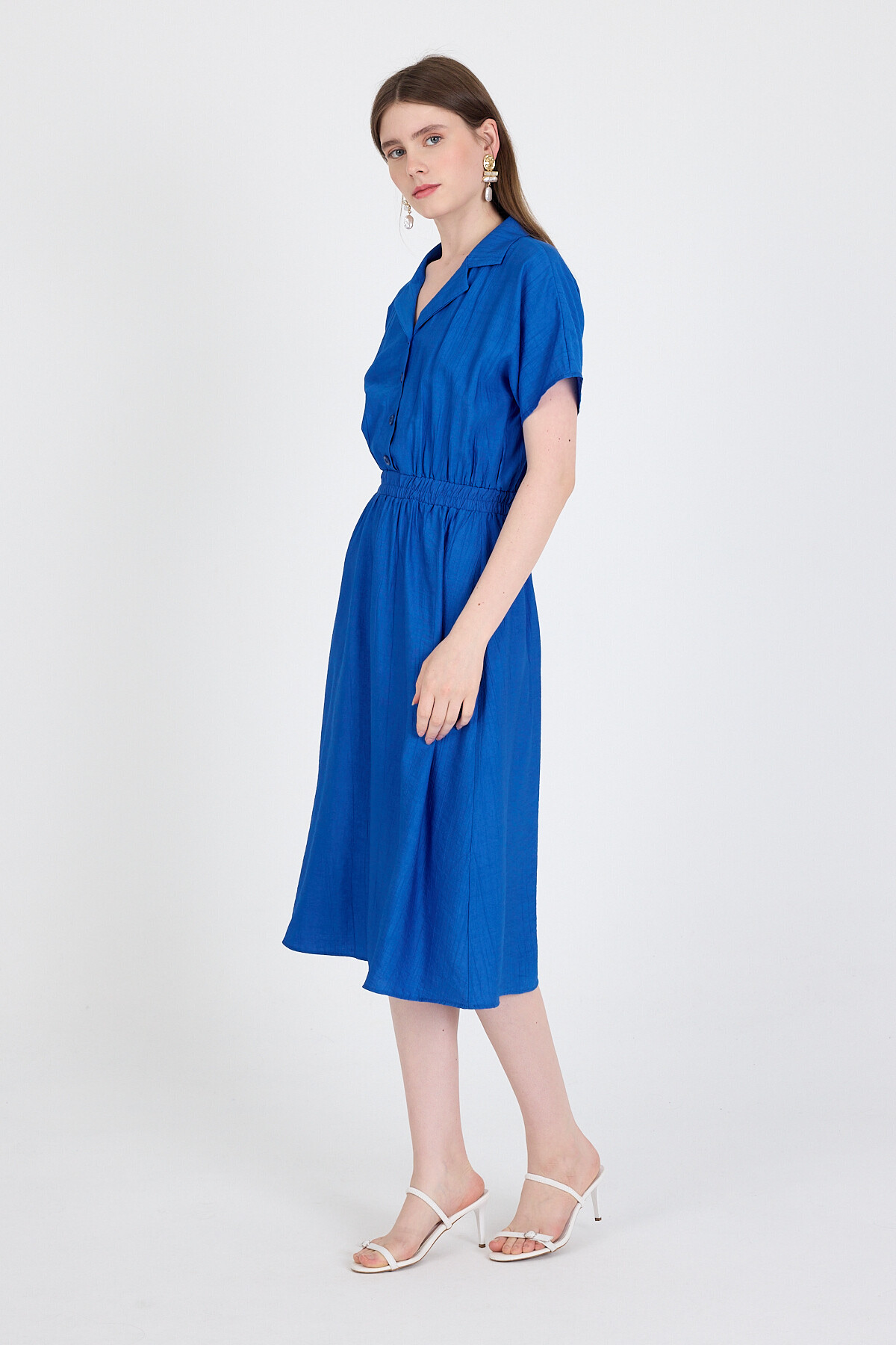 Saks Beli Lastikli Gömlek Yaka Kısa Kol Midi Elbise 4475A - 3