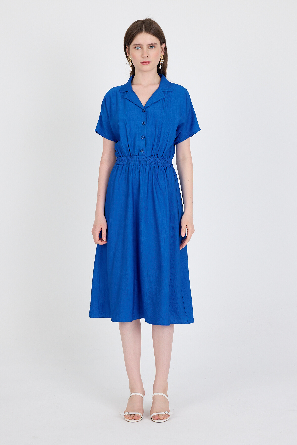 Saks Beli Lastikli Gömlek Yaka Kısa Kol Midi Elbise 4475A - 2