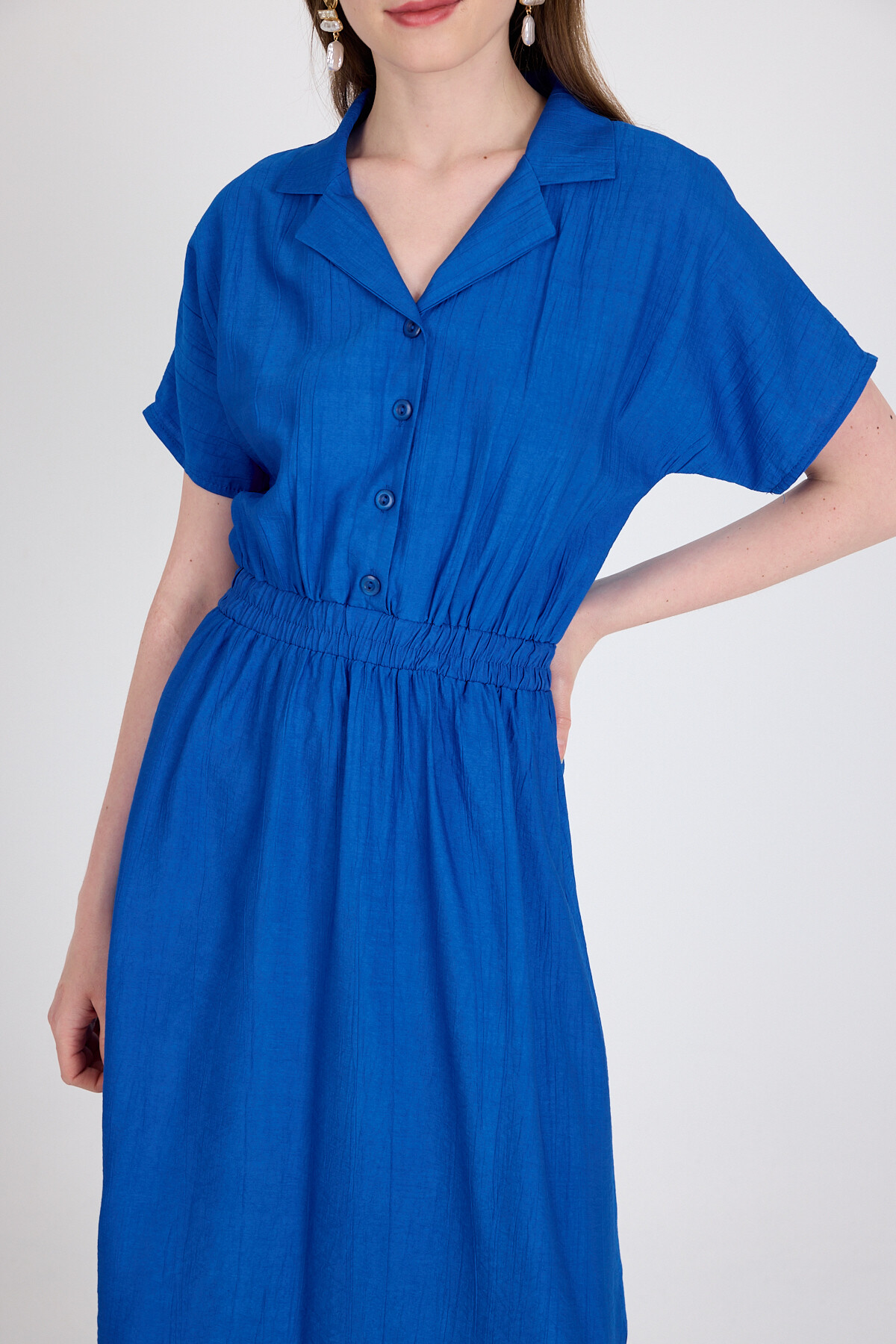 Saks Beli Lastikli Gömlek Yaka Kısa Kol Midi Elbise 4475A - 4