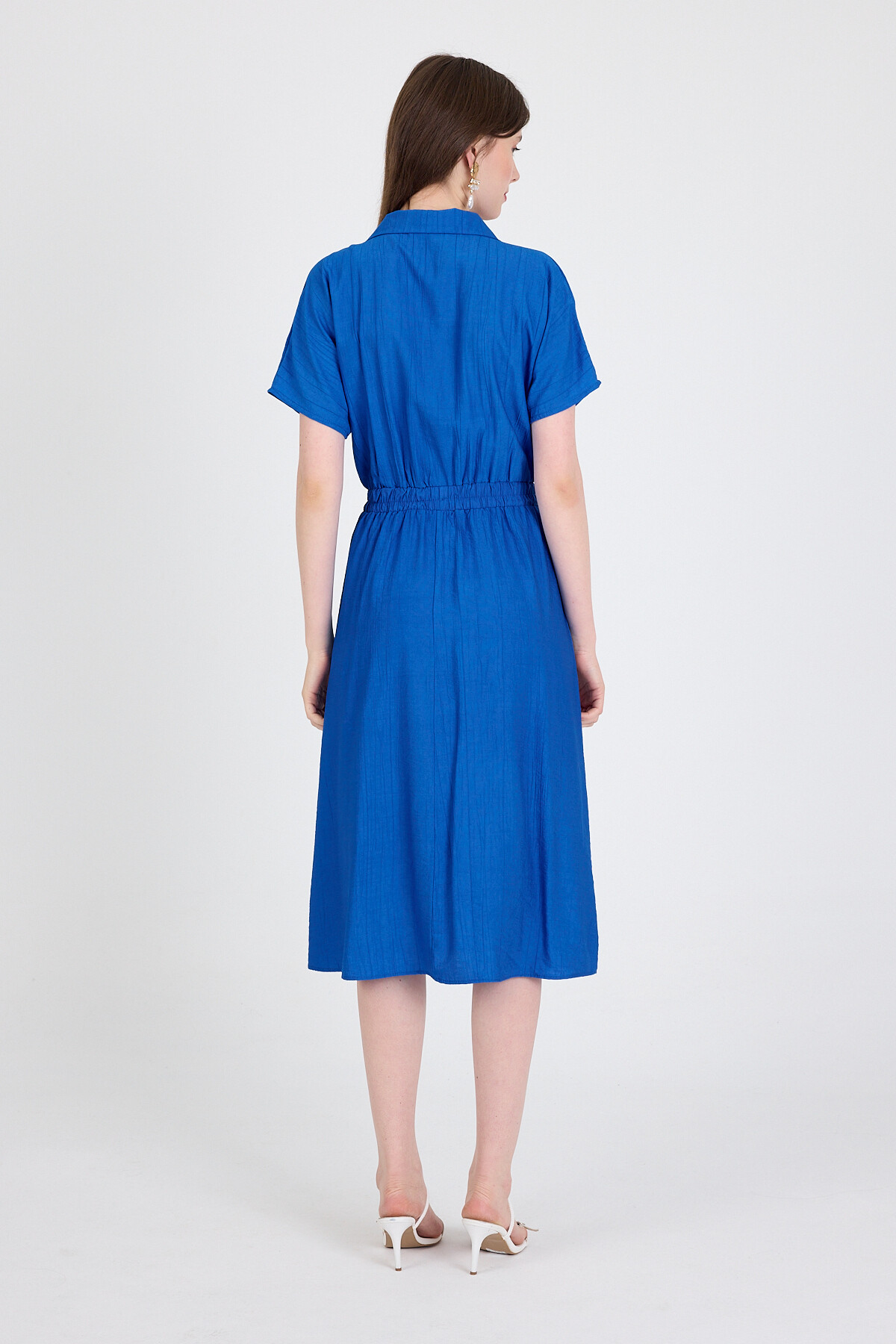 Saks Beli Lastikli Gömlek Yaka Kısa Kol Midi Elbise 4475A - 5