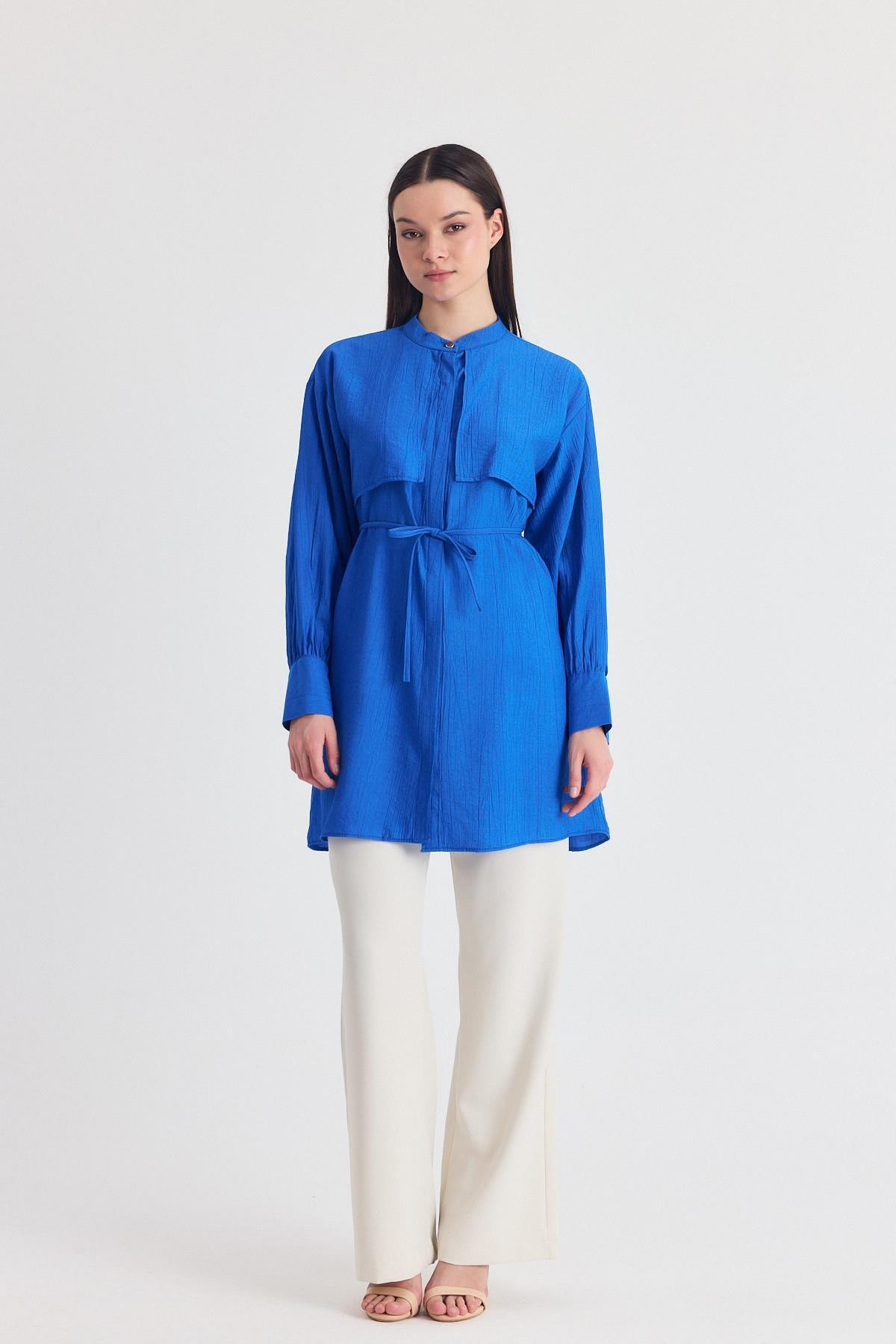 Saks Parça Detaylı İp Bağcıklı Gömlek 4553A - 2