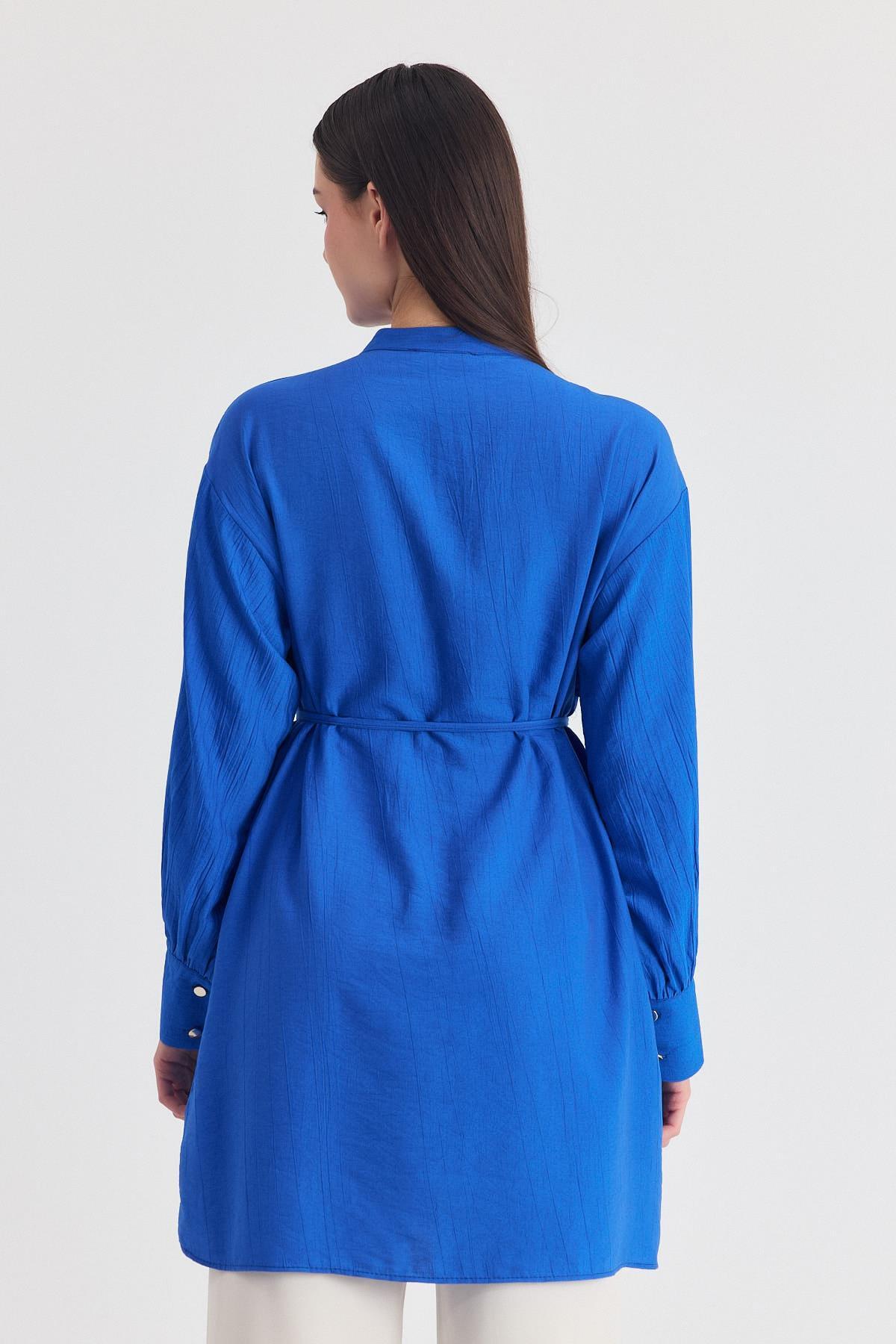 Saks Parça Detaylı İp Bağcıklı Gömlek 4553A - 5