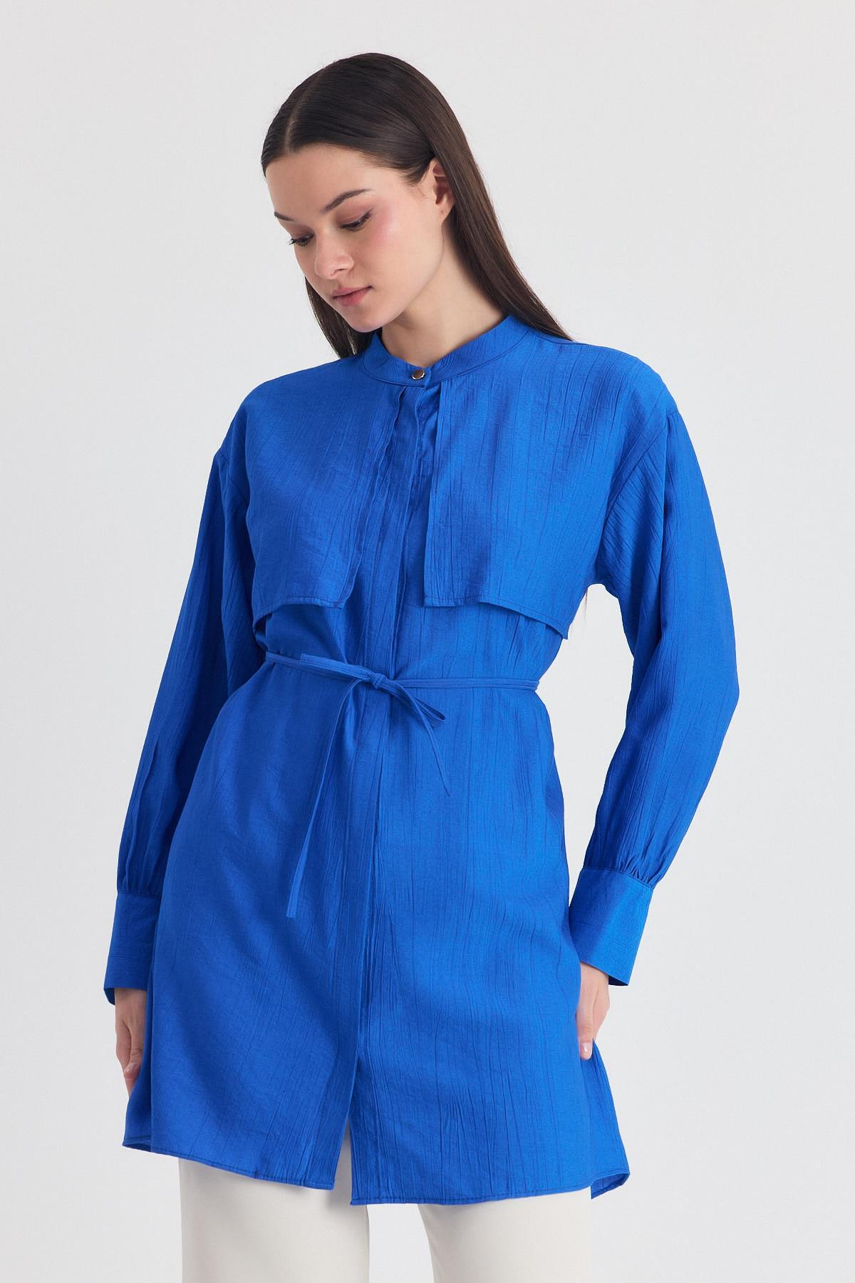 Saks Parça Detaylı İp Bağcıklı Gömlek 4553A - 8