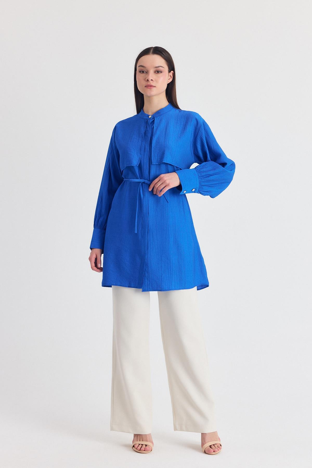 Saks Parça Detaylı İp Bağcıklı Gömlek 4553A - 7