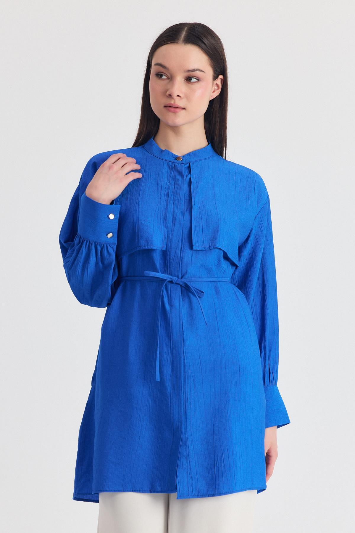 Saks Parça Detaylı İp Bağcıklı Gömlek 4553A - 6