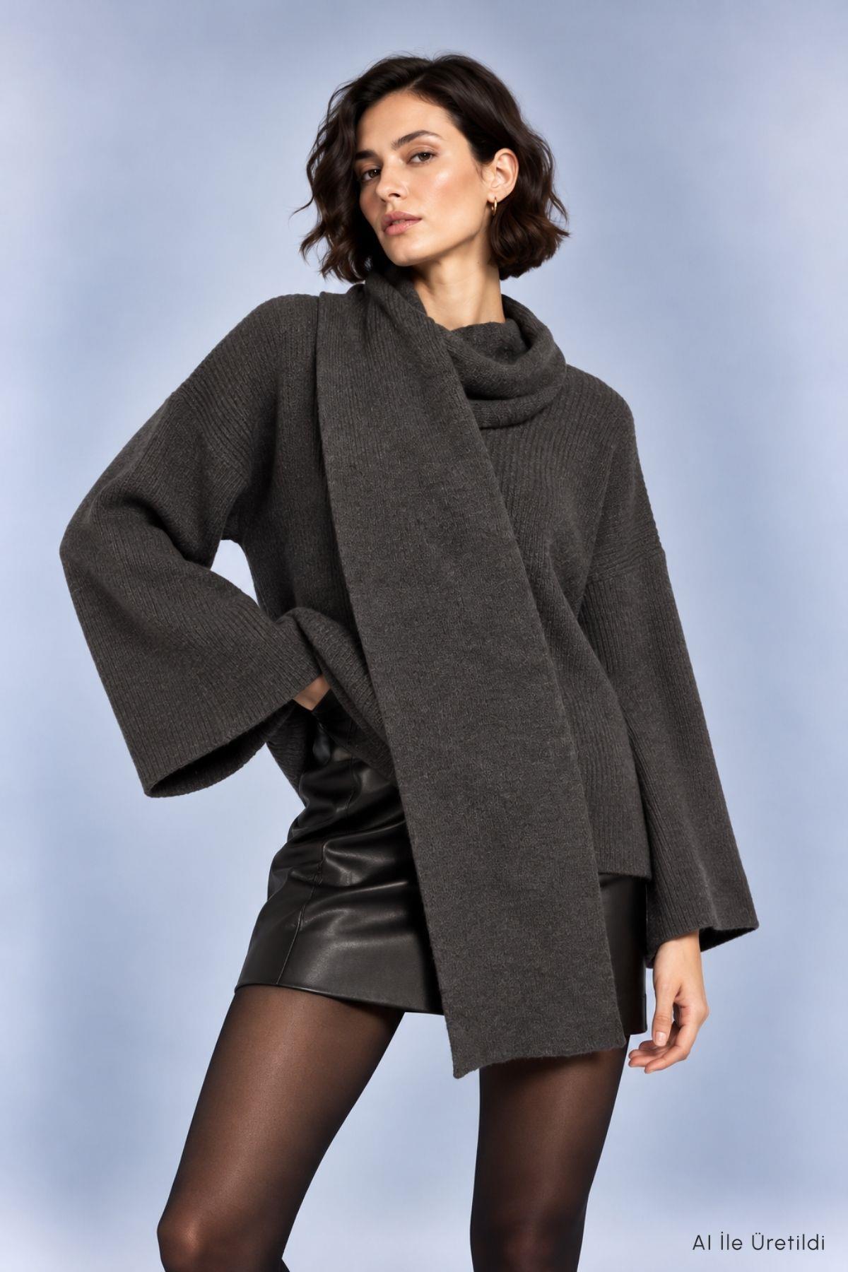 Şal Yaka Fitilli Oversize Triko Kazak 2505 Antrasit - Rays