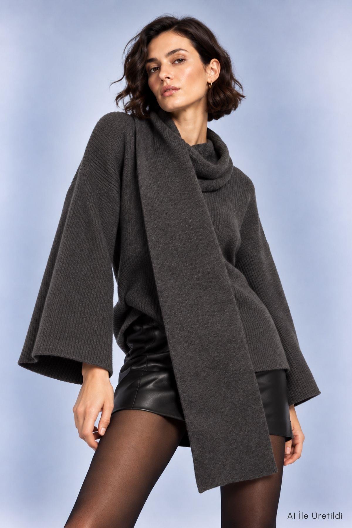 Şal Yaka Fitilli Oversize Triko Kazak 2505 Antrasit - Rays