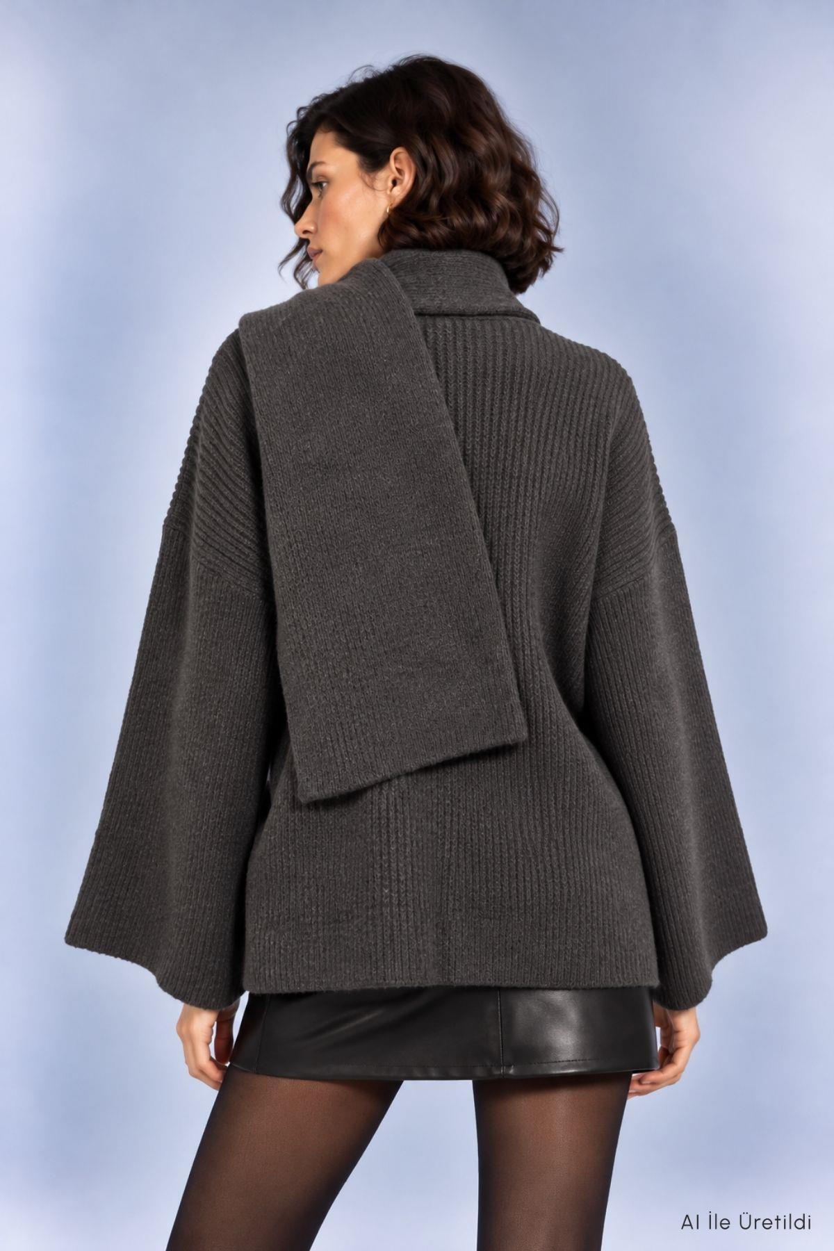 Şal Yaka Fitilli Oversize Triko Kazak 2505 Antrasit - 3
