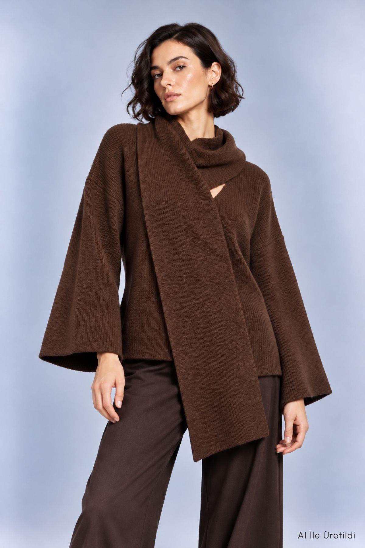 Şal Yaka Fitilli Oversize Triko Kazak 2505 Kahve - Rays
