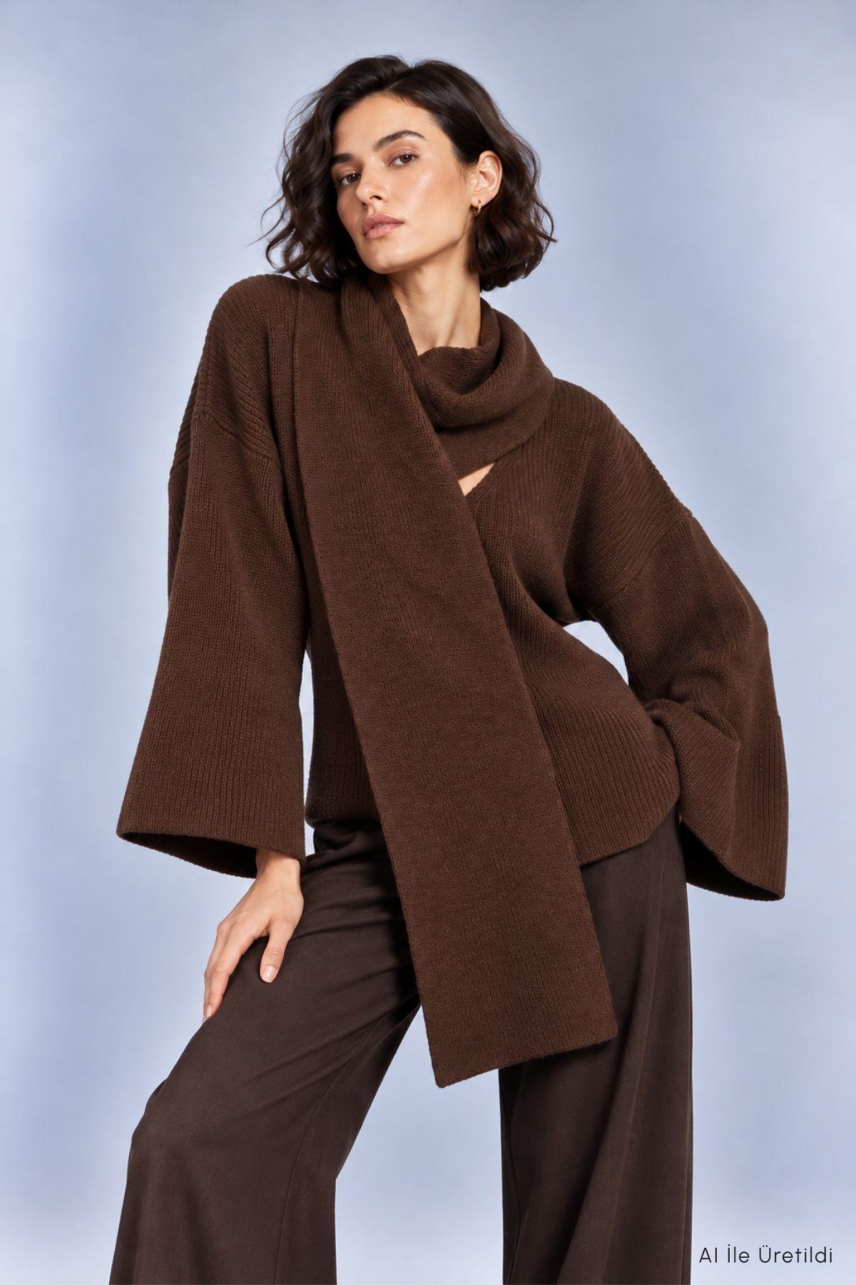 Şal Yaka Fitilli Oversize Triko Kazak 2505 Kahve - 2
