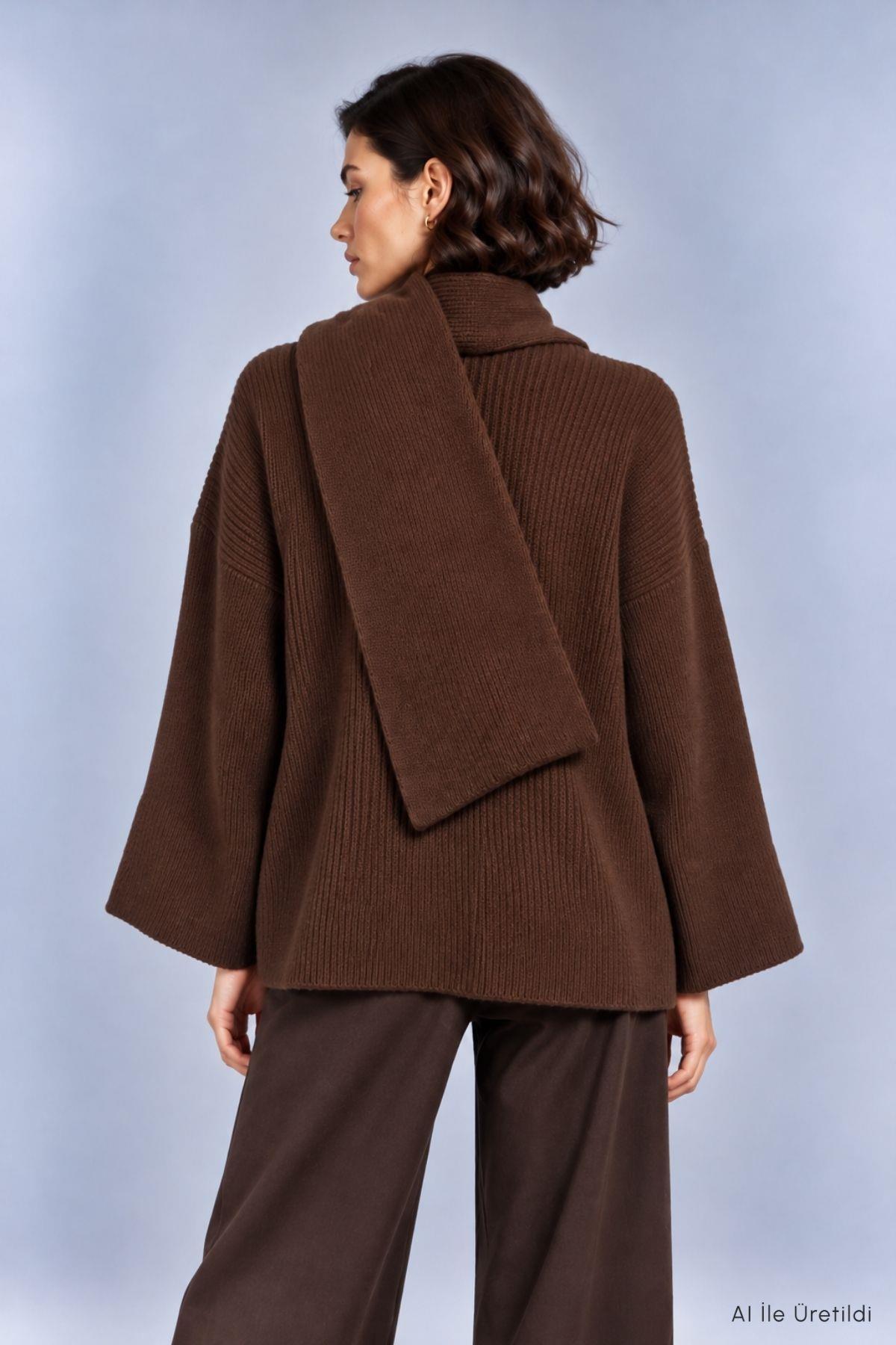 Şal Yaka Fitilli Oversize Triko Kazak 2505 Kahve - Rays