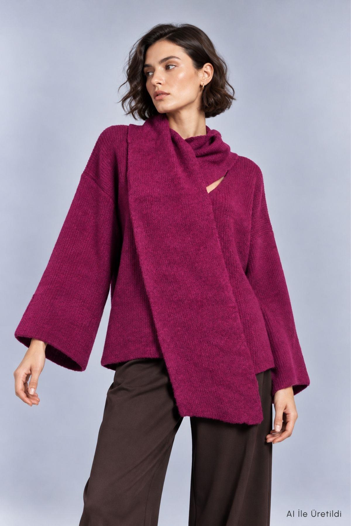 Şal Yaka Fitilli Oversize Triko Kazak 2505 Mürdüm - Rays