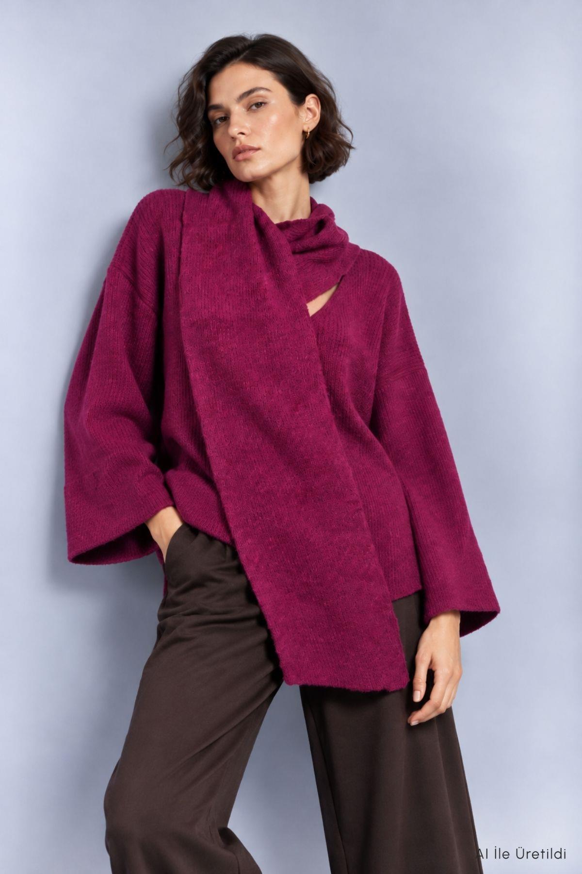 Şal Yaka Fitilli Oversize Triko Kazak 2505 Mürdüm - 2