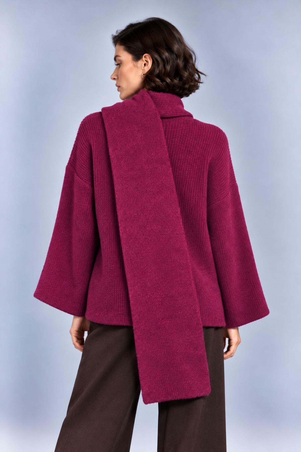 Şal Yaka Fitilli Oversize Triko Kazak 2505 Mürdüm - Rays
