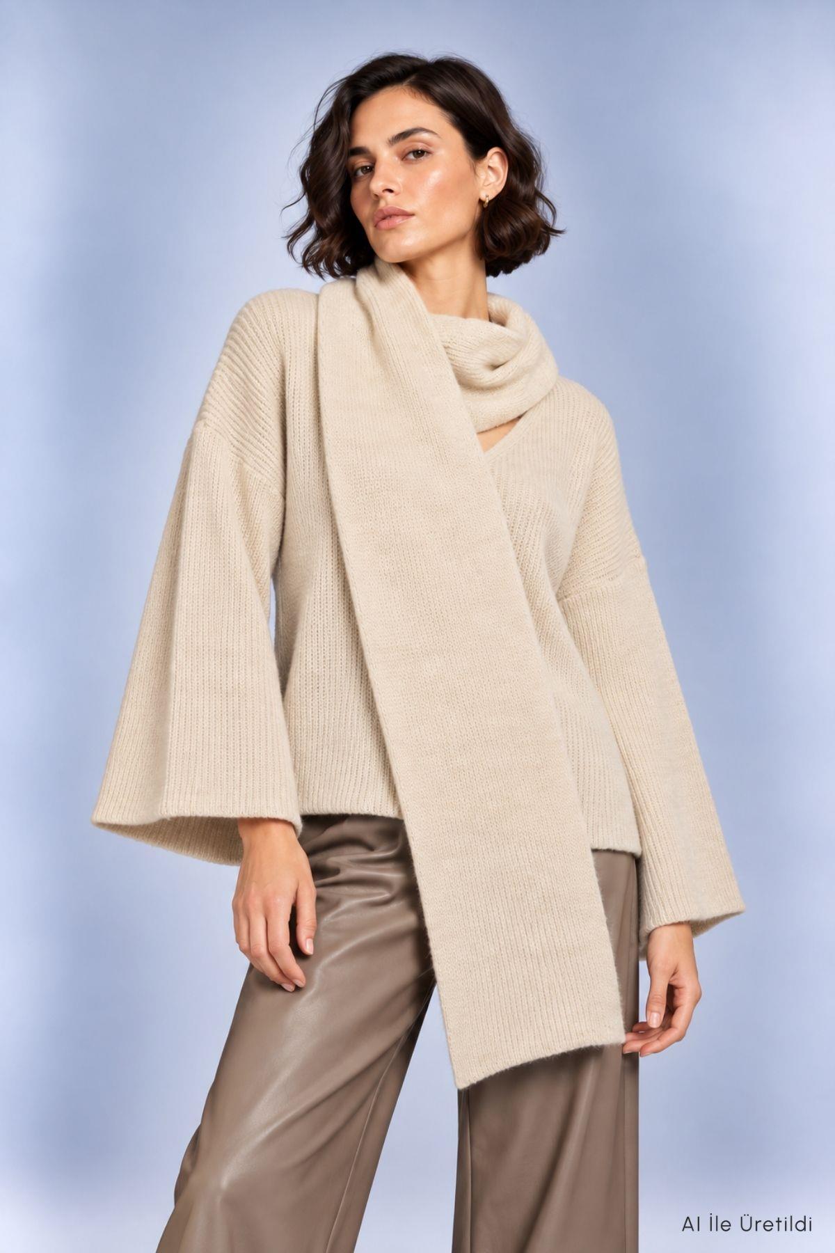 Şal Yaka Fitilli Oversize Triko Kazak 2505 Natural - 2