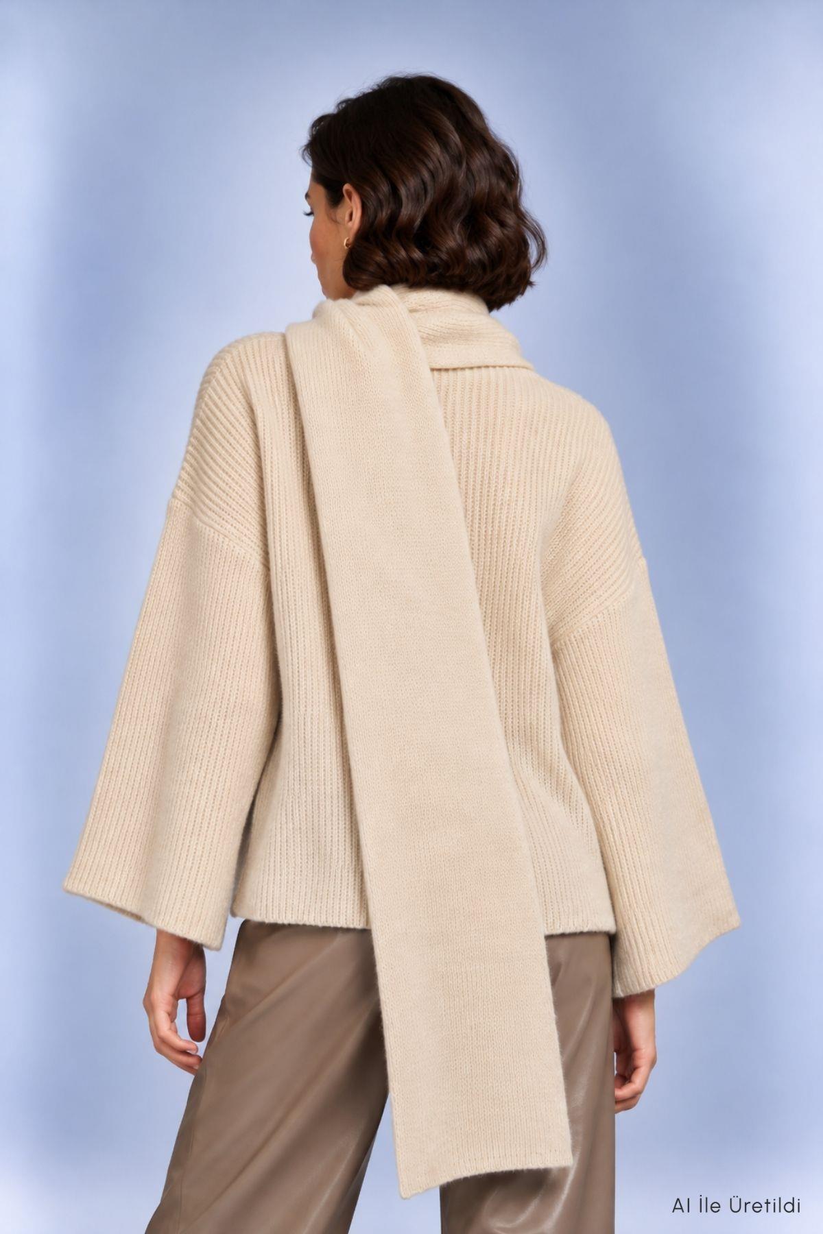 Şal Yaka Fitilli Oversize Triko Kazak 2505 Natural - 3