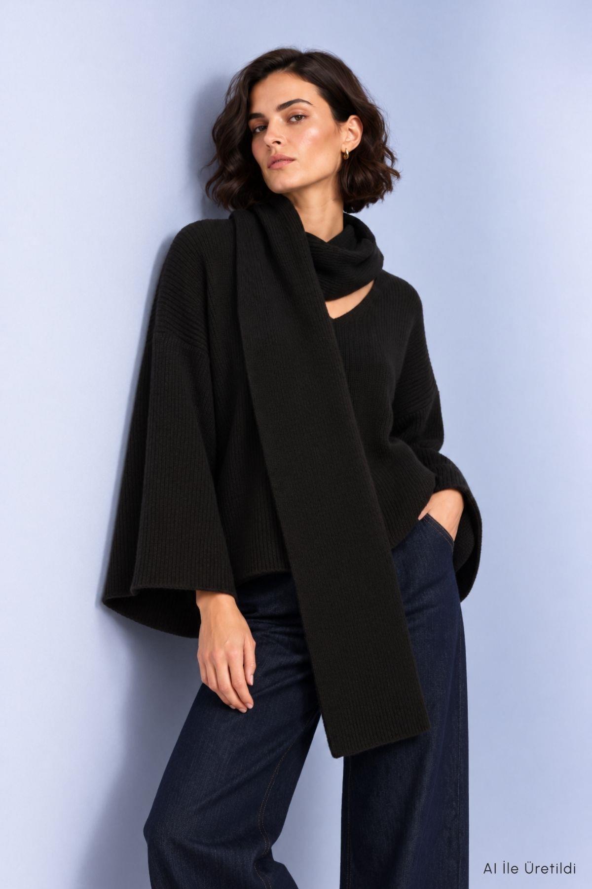 Şal Yaka Fitilli Oversize Triko Kazak 2505 Siyah - Rays