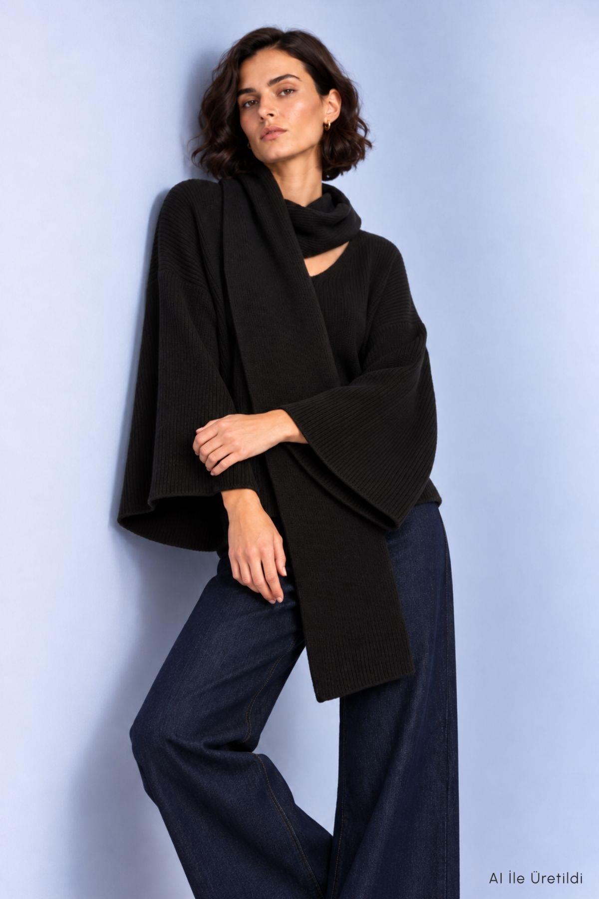 Şal Yaka Fitilli Oversize Triko Kazak 2505 Siyah - Rays