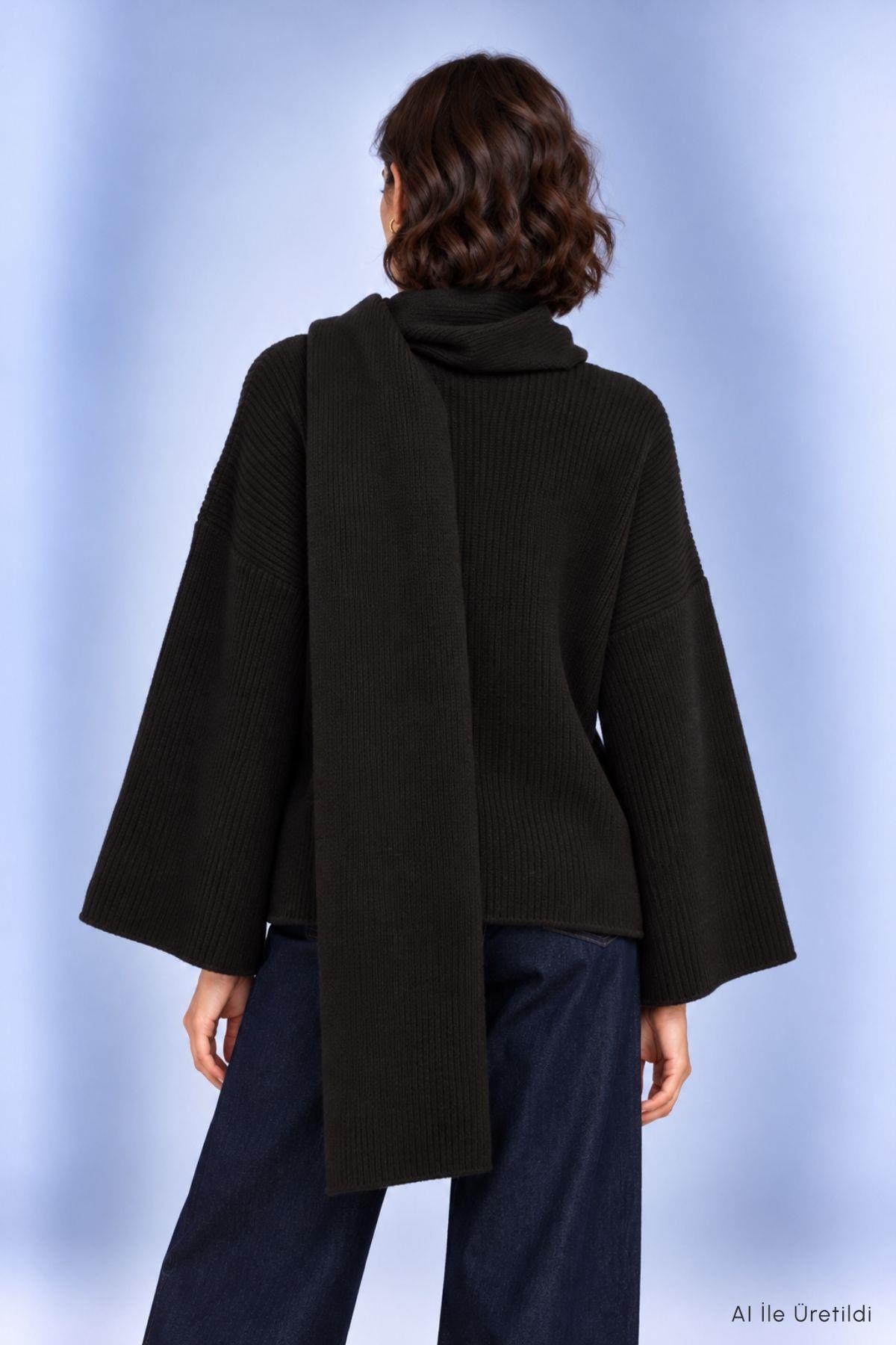 Şal Yaka Fitilli Oversize Triko Kazak 2505 Siyah - Rays