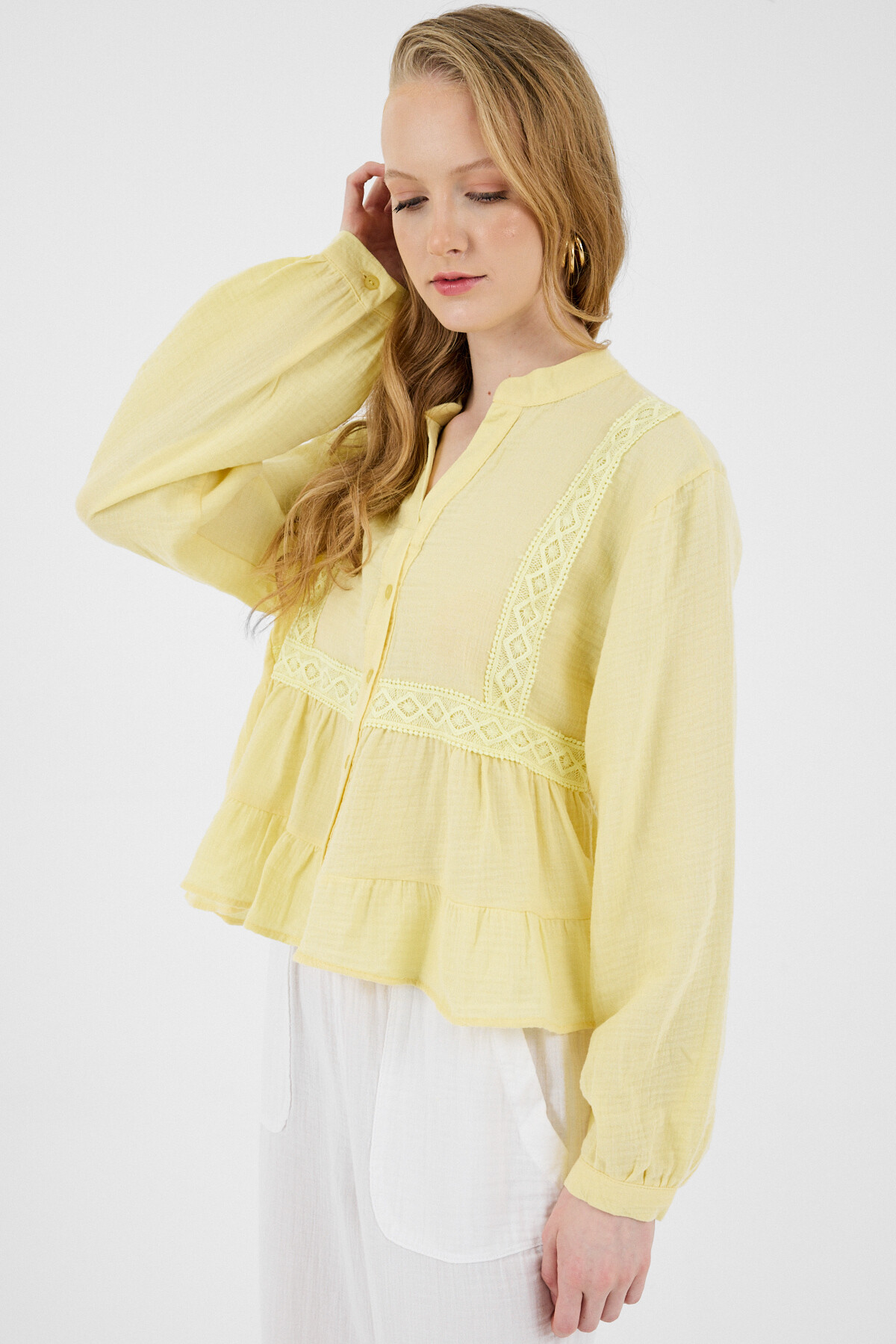 Sarı %100 Pamuk Dantel Detaylı Müslin Gömlek 4823A - RAYS