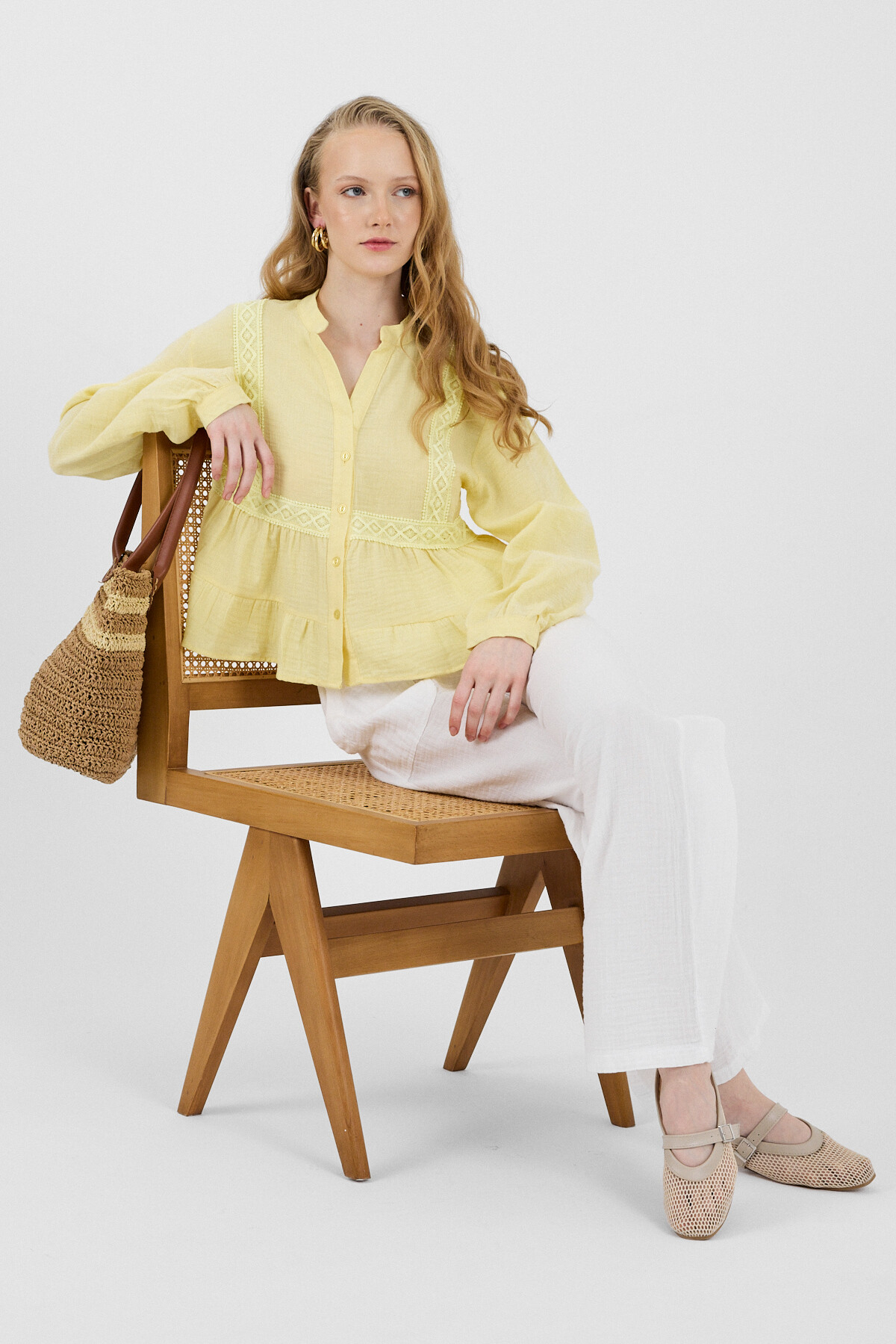 Sarı %100 Pamuk Dantel Detaylı Müslin Gömlek 4823A - 6