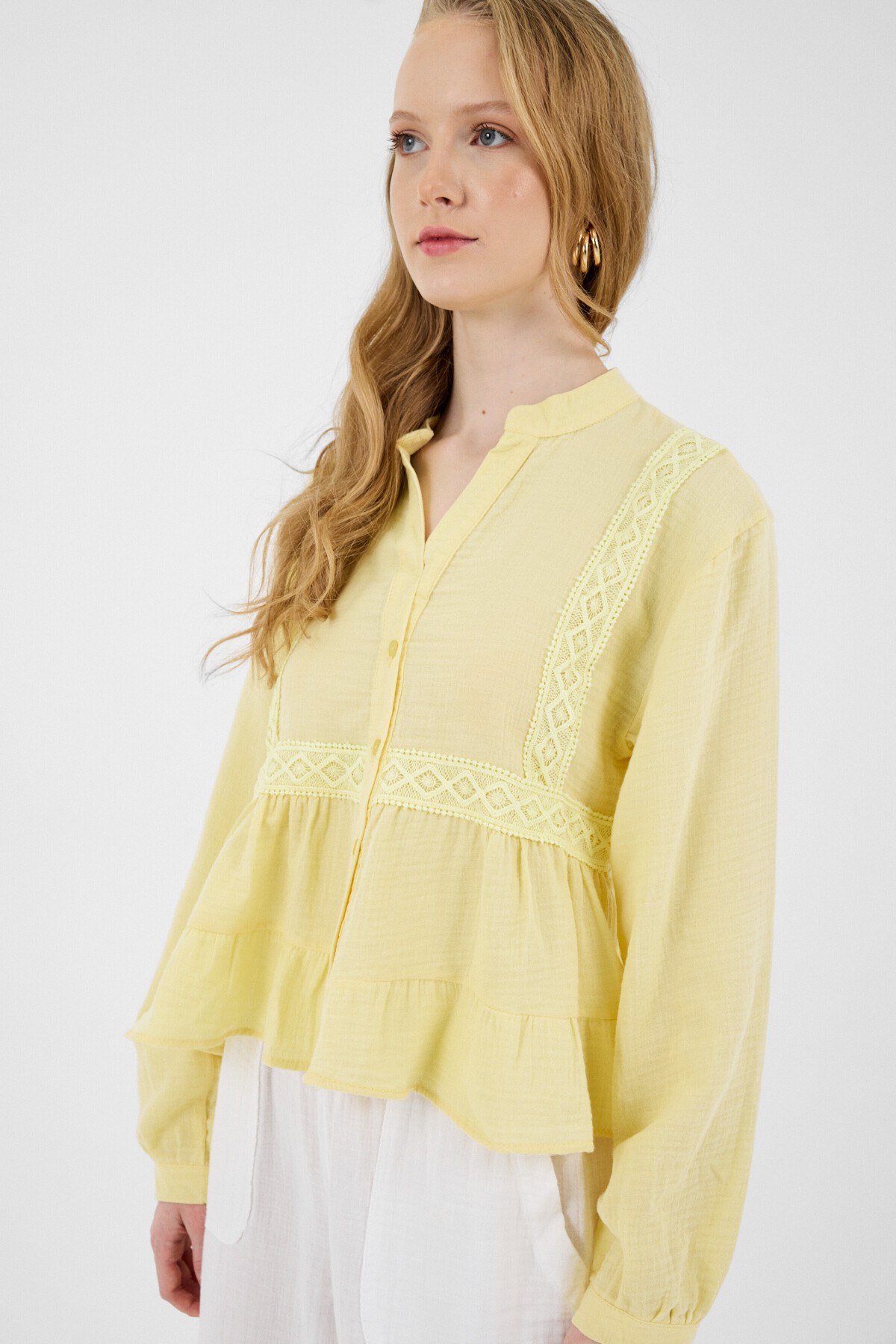 Sarı %100 Pamuk Dantel Detaylı Müslin Gömlek 4823A - 7