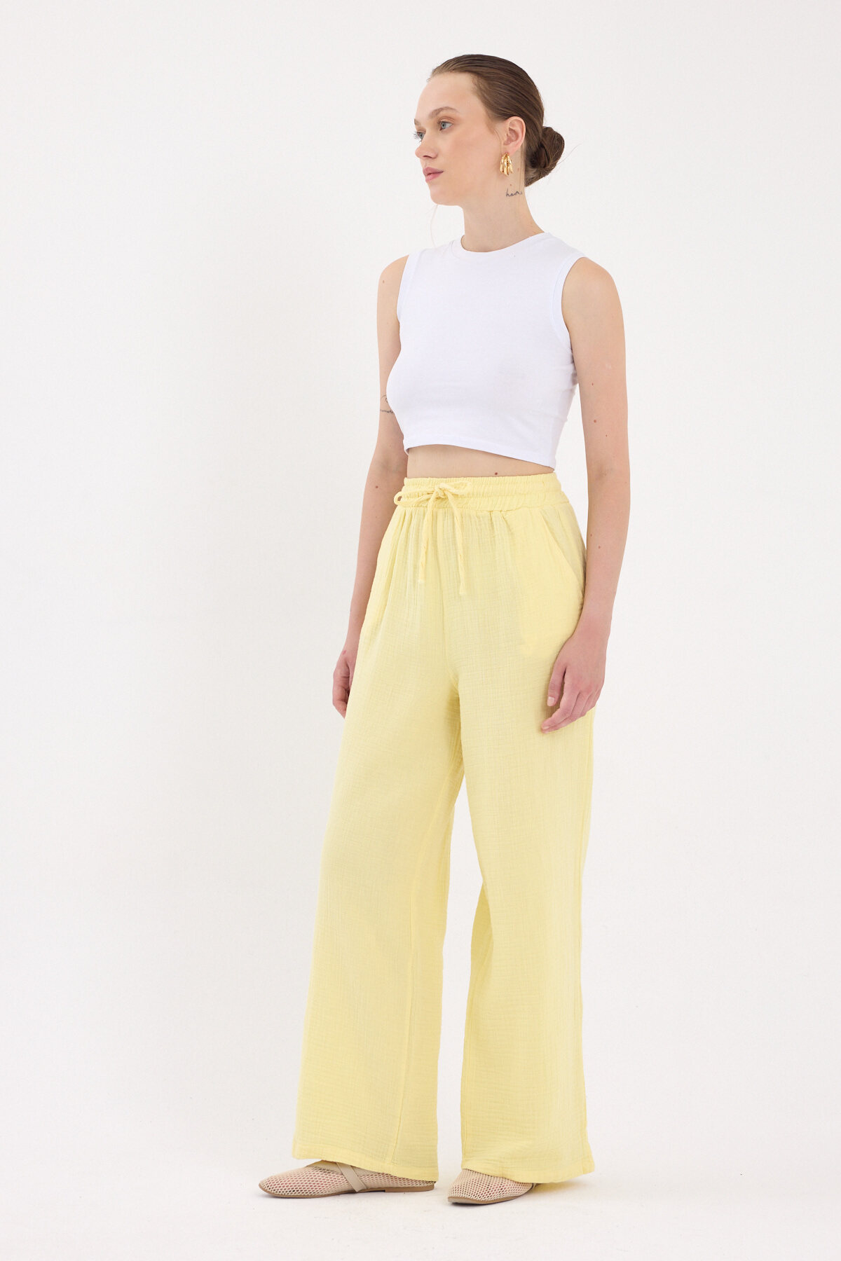Sarı %100 Pamuk Müslin Palazzo/Bol Paça Pantolon 8056A - RAYS