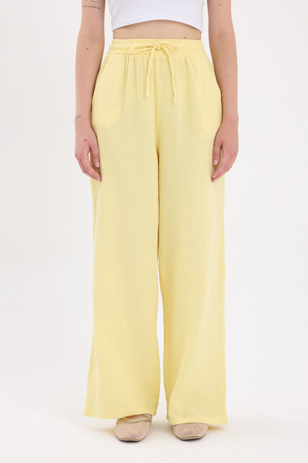 Sarı %100 Pamuk Müslin Palazzo/Bol Paça Pantolon 8056A - RAYS