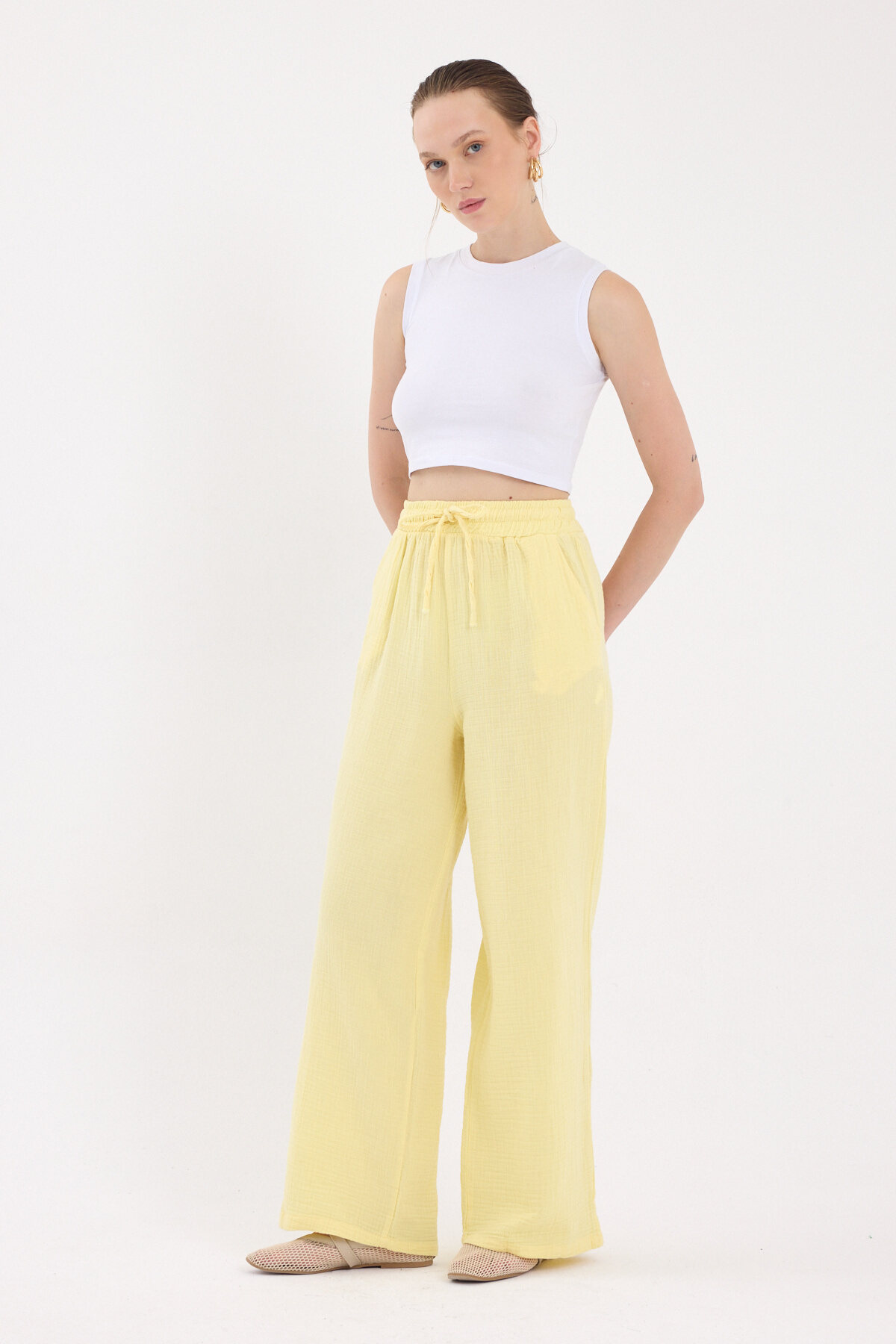 Sarı %100 Pamuk Müslin Palazzo/Bol Paça Pantolon 8056A - 1