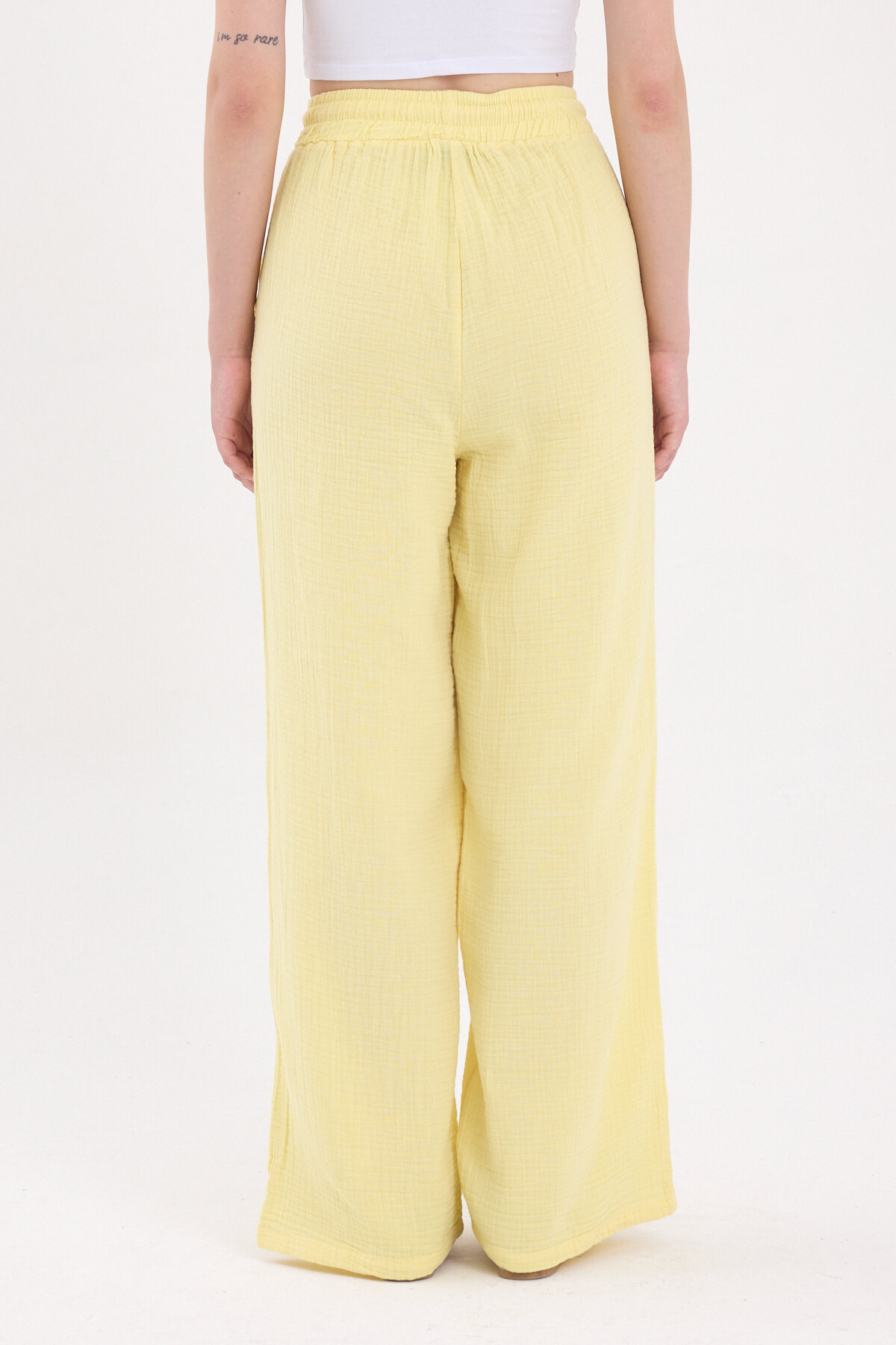 Sarı %100 Pamuk Müslin Palazzo/Bol Paça Pantolon 8056A - 5