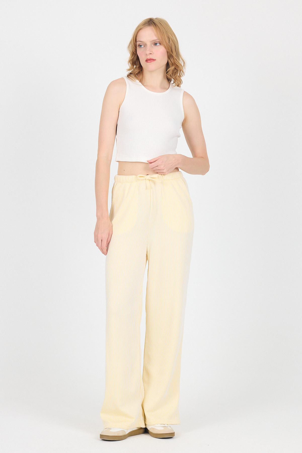 Sarı Beli Lastikli Çizgili Geniş Paça Dokuma Pantolon 4098 - RAYS