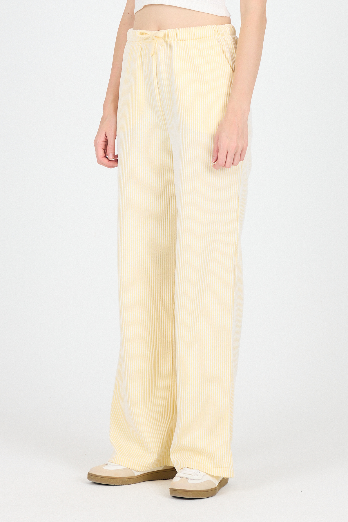 Sarı Beli Lastikli Çizgili Geniş Paça Dokuma Pantolon 4098 - RAYS