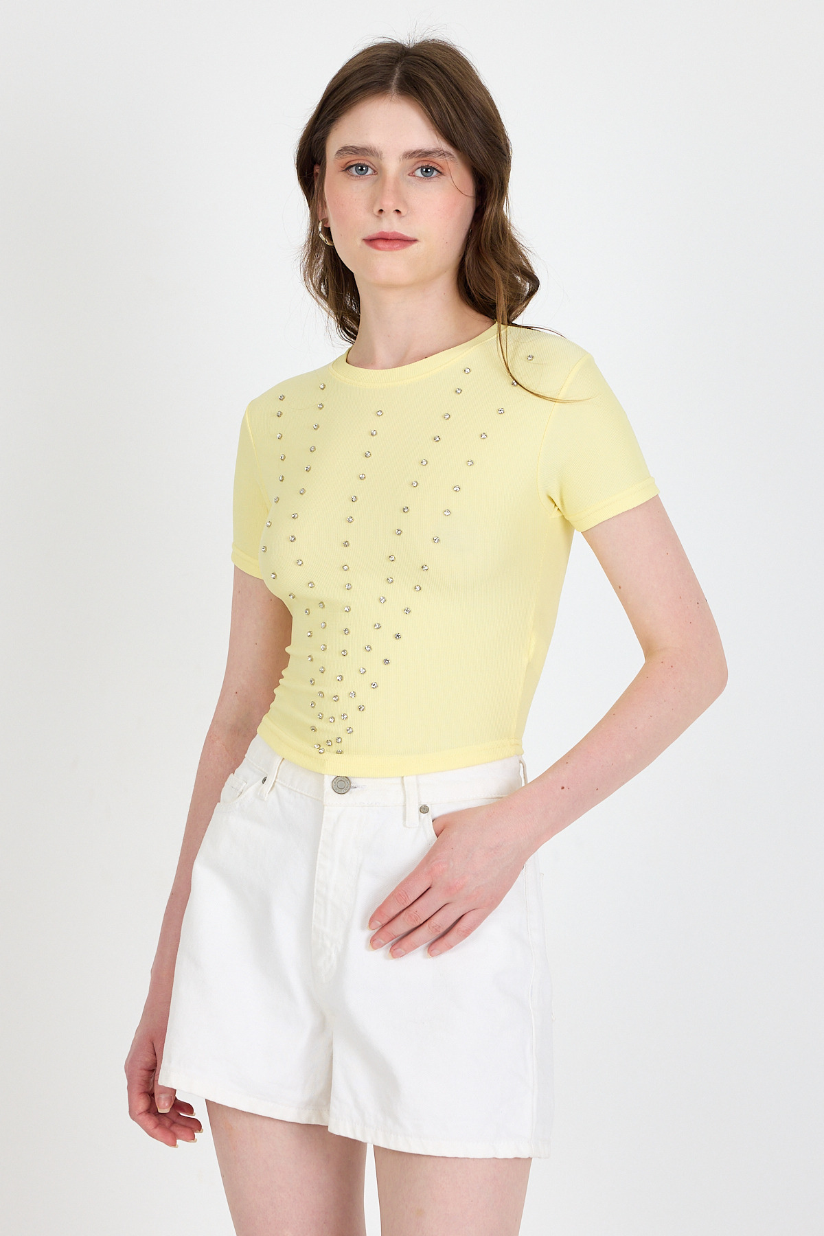 Sarı Bisiklet Yaka Taş İşleme Detaylı Slim Fit Crop Tişört 1149 