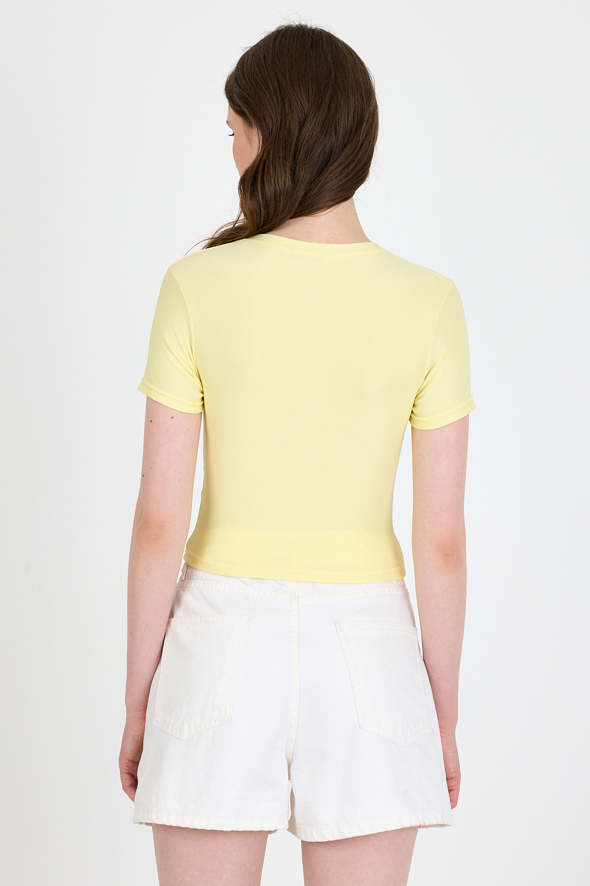 Sarı Bisiklet Yaka Taş İşleme Detaylı Slim Fit Crop Tişört 1149 - 5