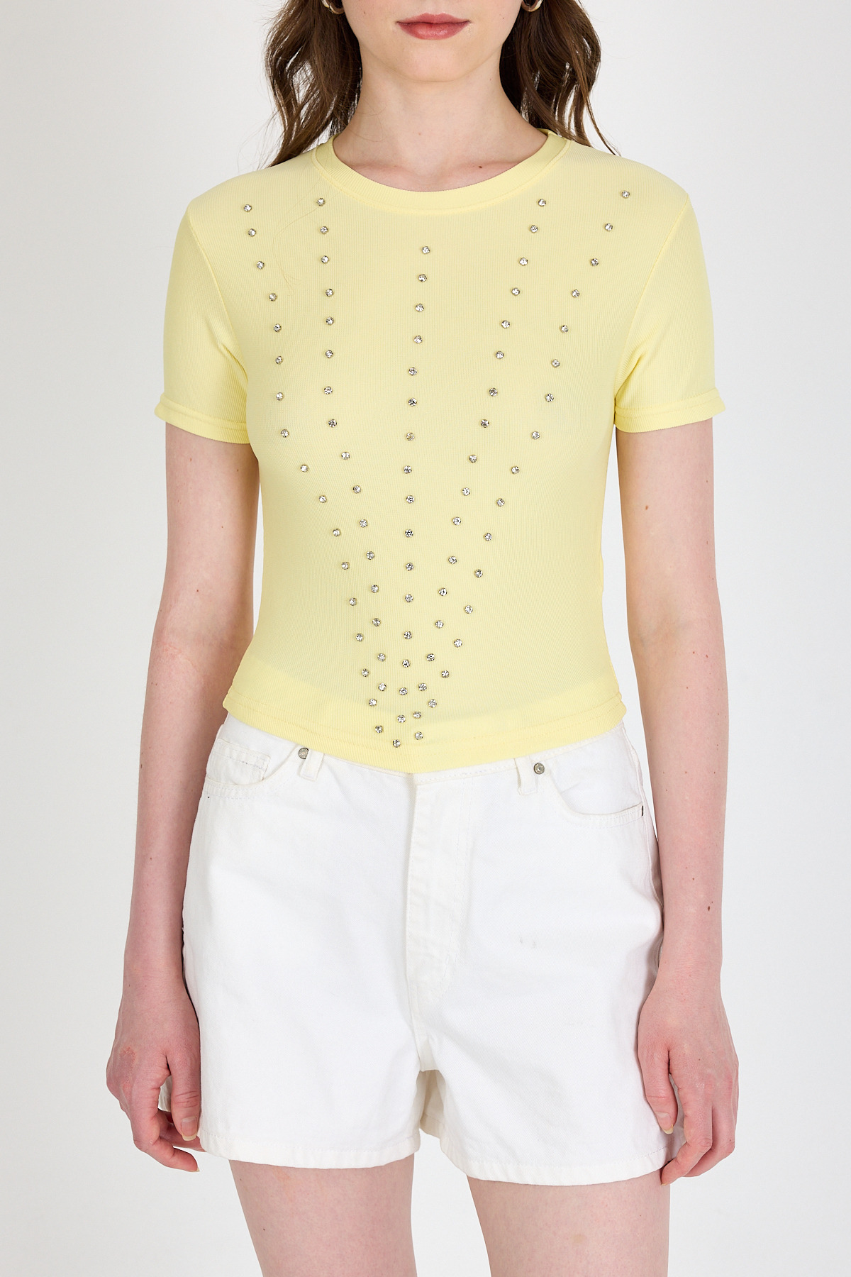 Sarı Bisiklet Yaka Taş İşleme Detaylı Slim Fit Crop Tişört 1149 - RAYS