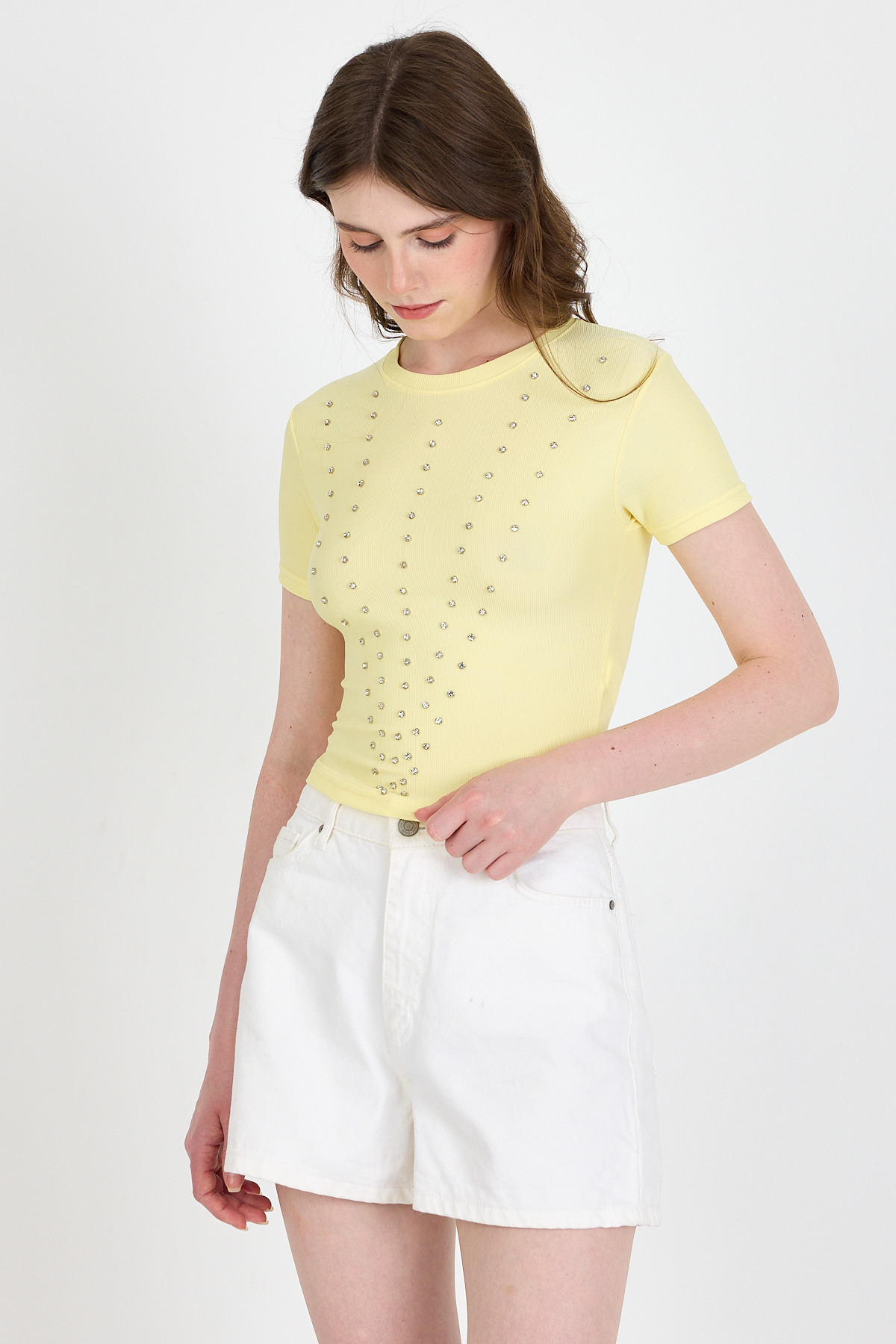 Sarı Bisiklet Yaka Taş İşleme Detaylı Slim Fit Crop Tişört 1149 - RAYS