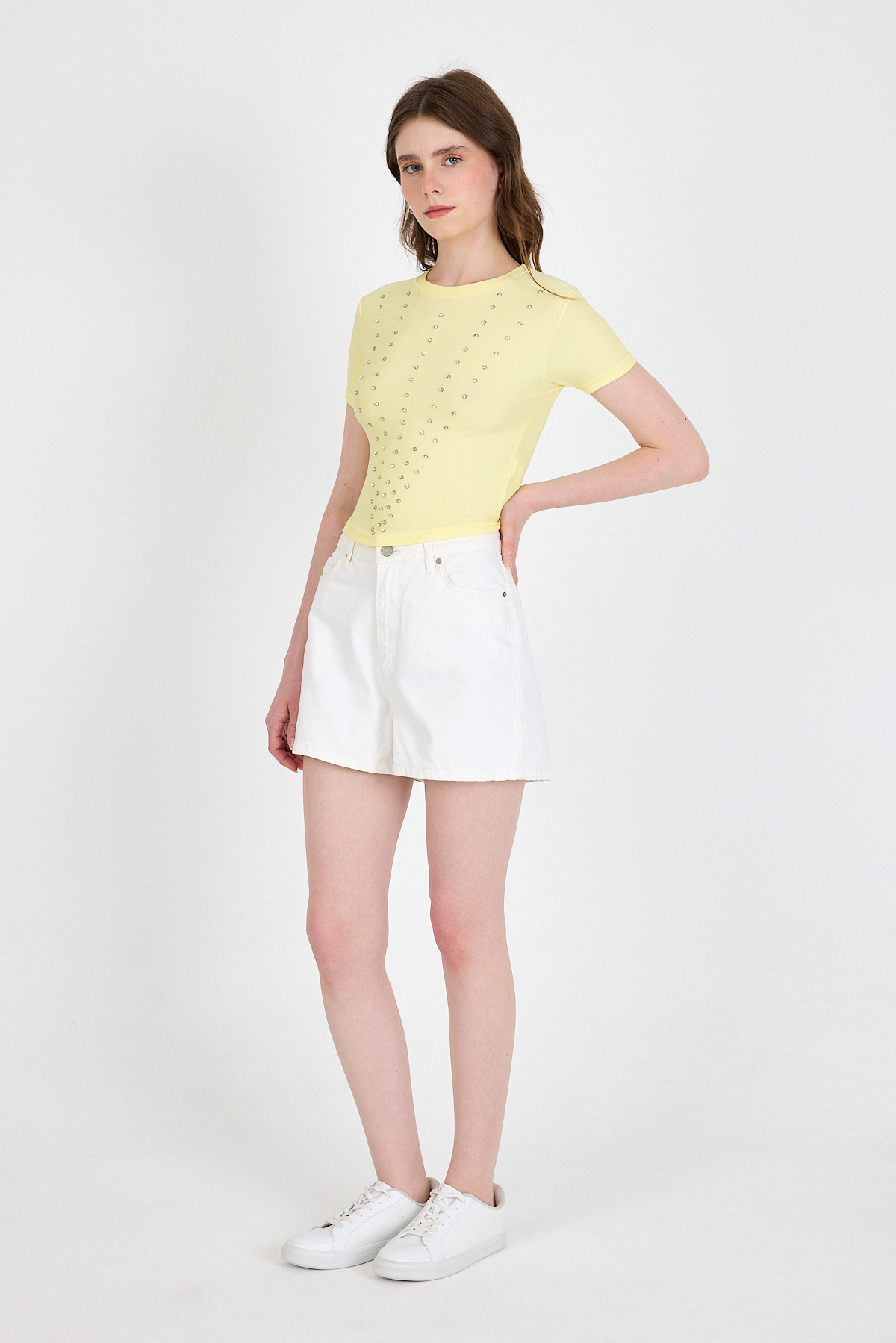 Sarı Bisiklet Yaka Taş İşleme Detaylı Slim Fit Crop Tişört 1149 - RAYS