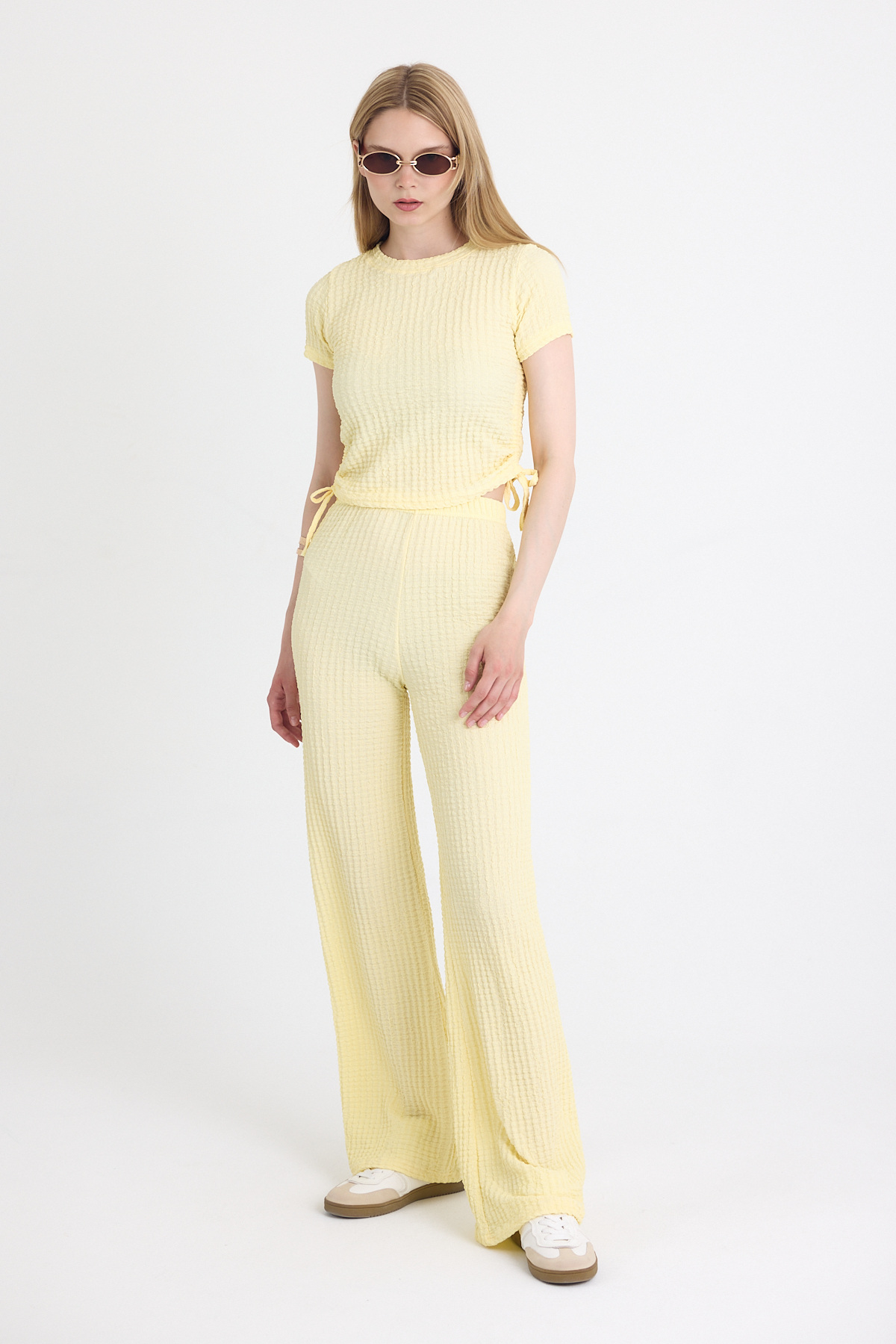 Sarı Bürümcük Dokulu Büzgülü Crop ve Geniş Paça Pantolon Takımı 3001 - 7