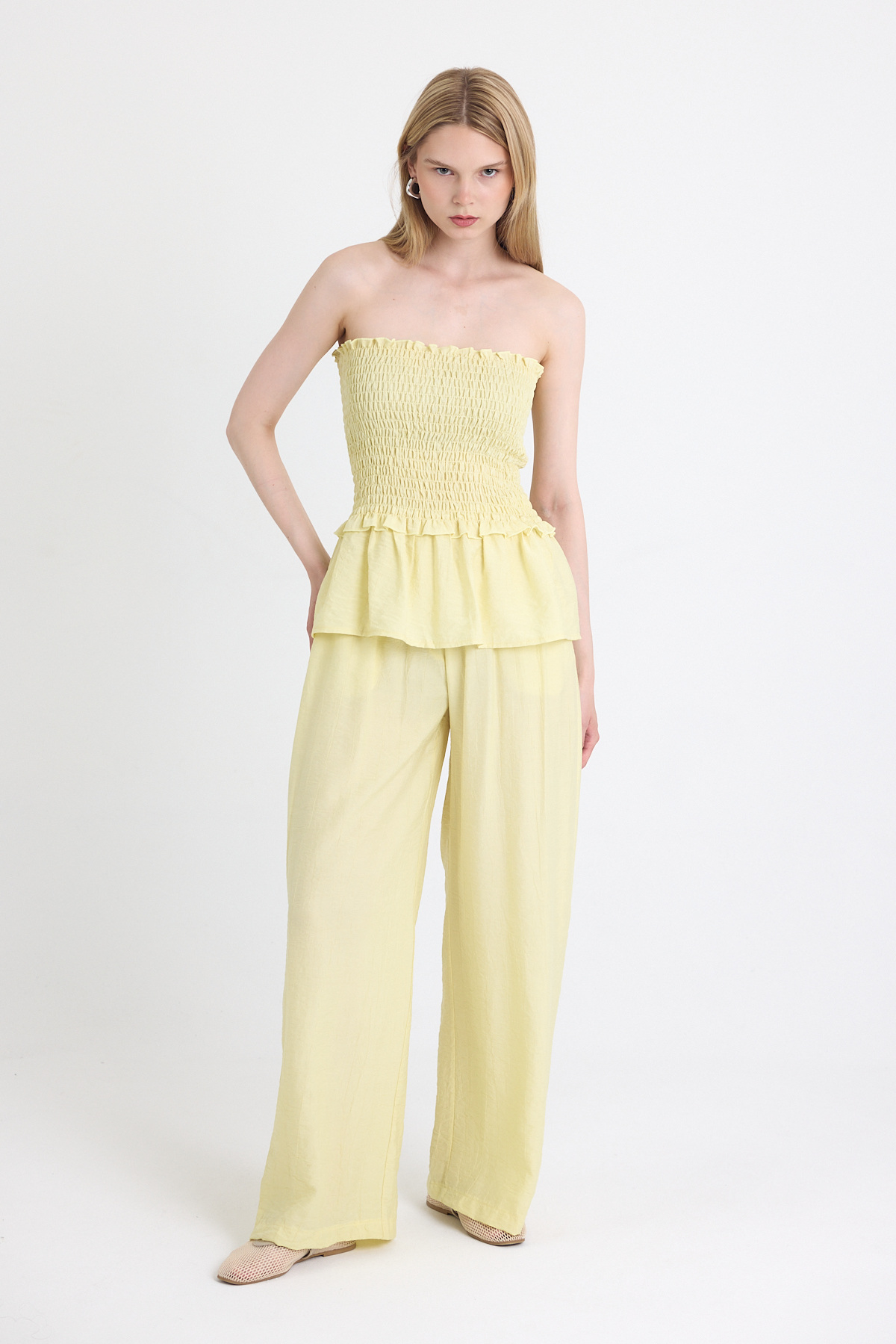 Sarı Büzgülü Straplez Bluz ve Bol Paça Pantolon Takım 5249 - 6