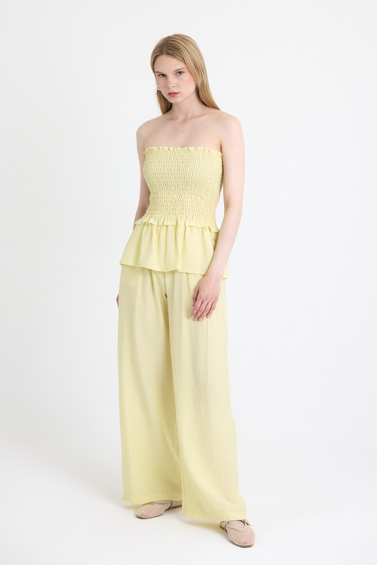 Sarı Büzgülü Straplez Bluz ve Bol Paça Pantolon Takım 5249 