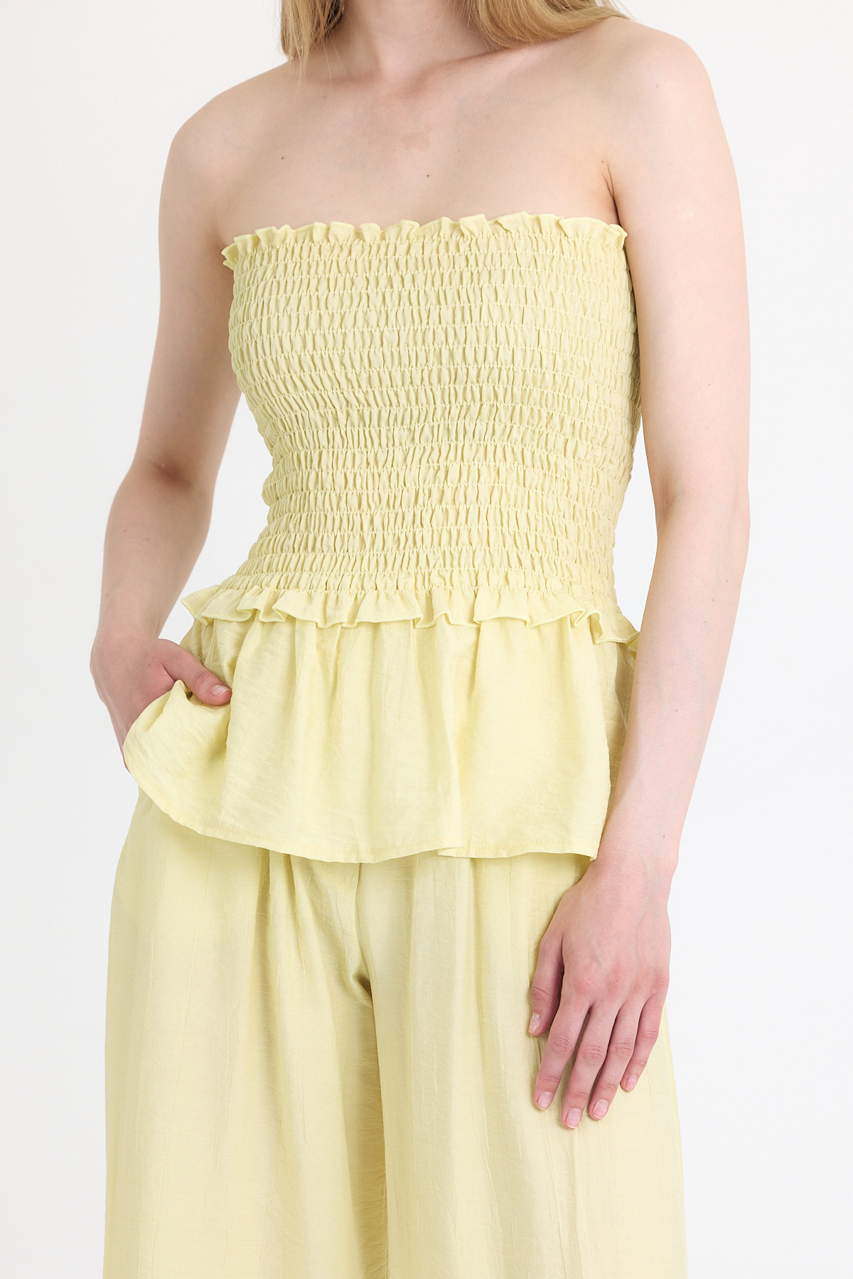 Sarı Büzgülü Straplez Bluz ve Bol Paça Pantolon Takım 5249 - 4