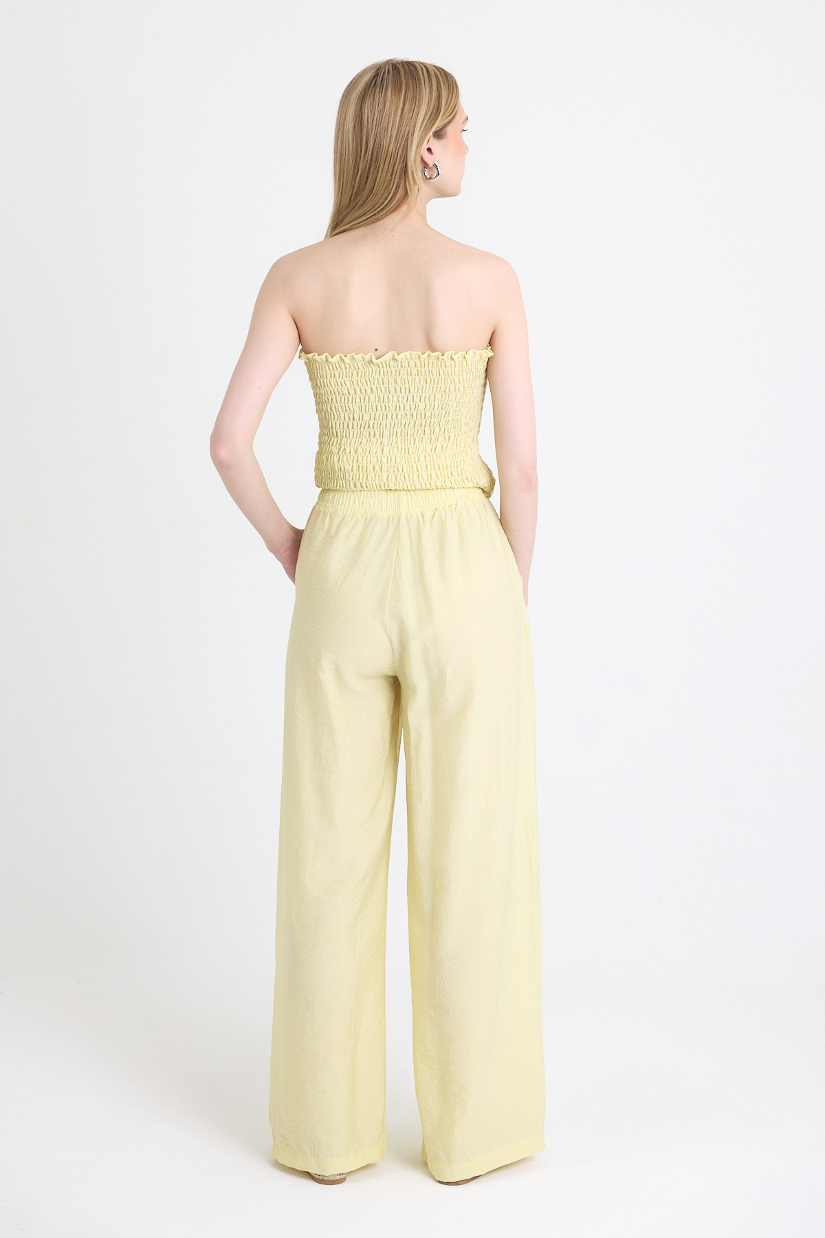 Sarı Büzgülü Straplez Bluz ve Bol Paça Pantolon Takım 5249 - 5