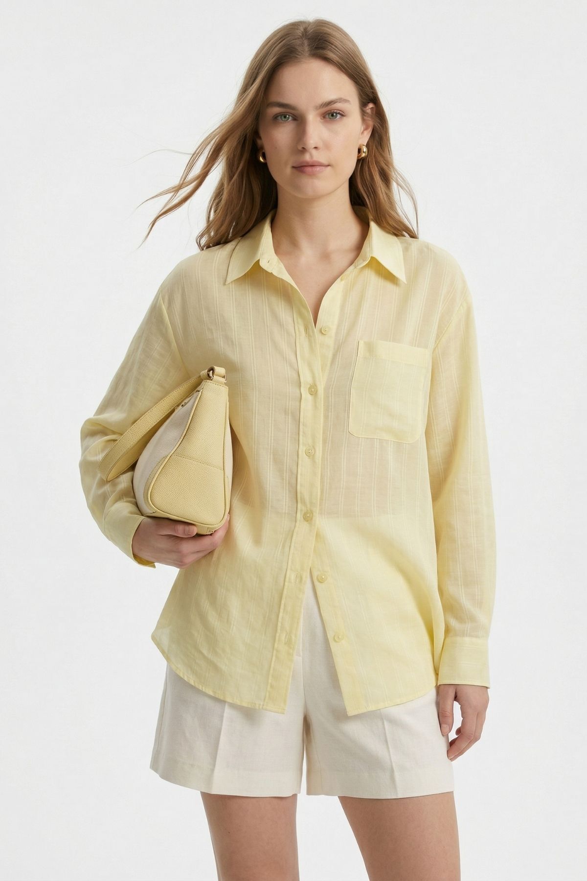 Sarı Cepli Çizgili Oversize Gömlek 5449 - 2