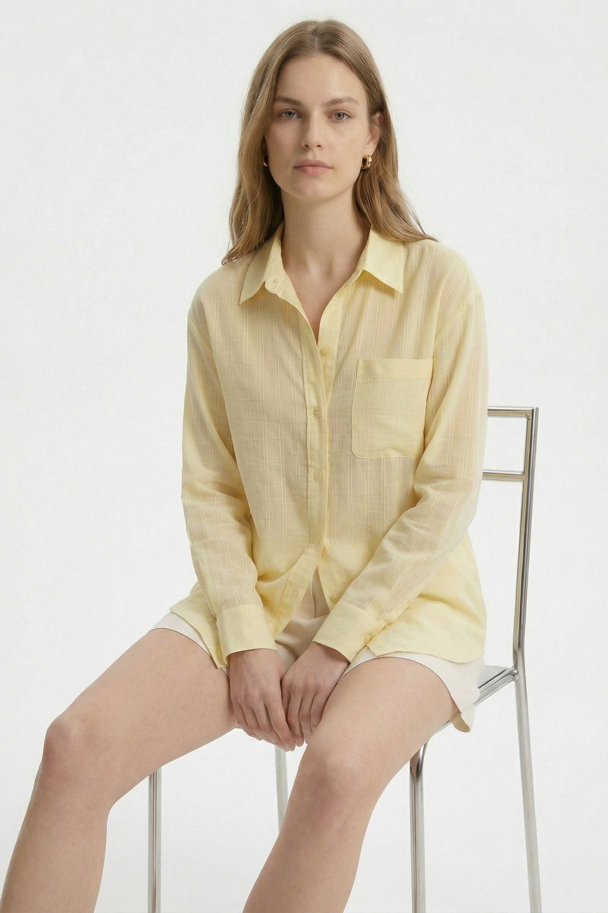 Sarı Cepli Çizgili Oversize Gömlek 5449 - RAYS