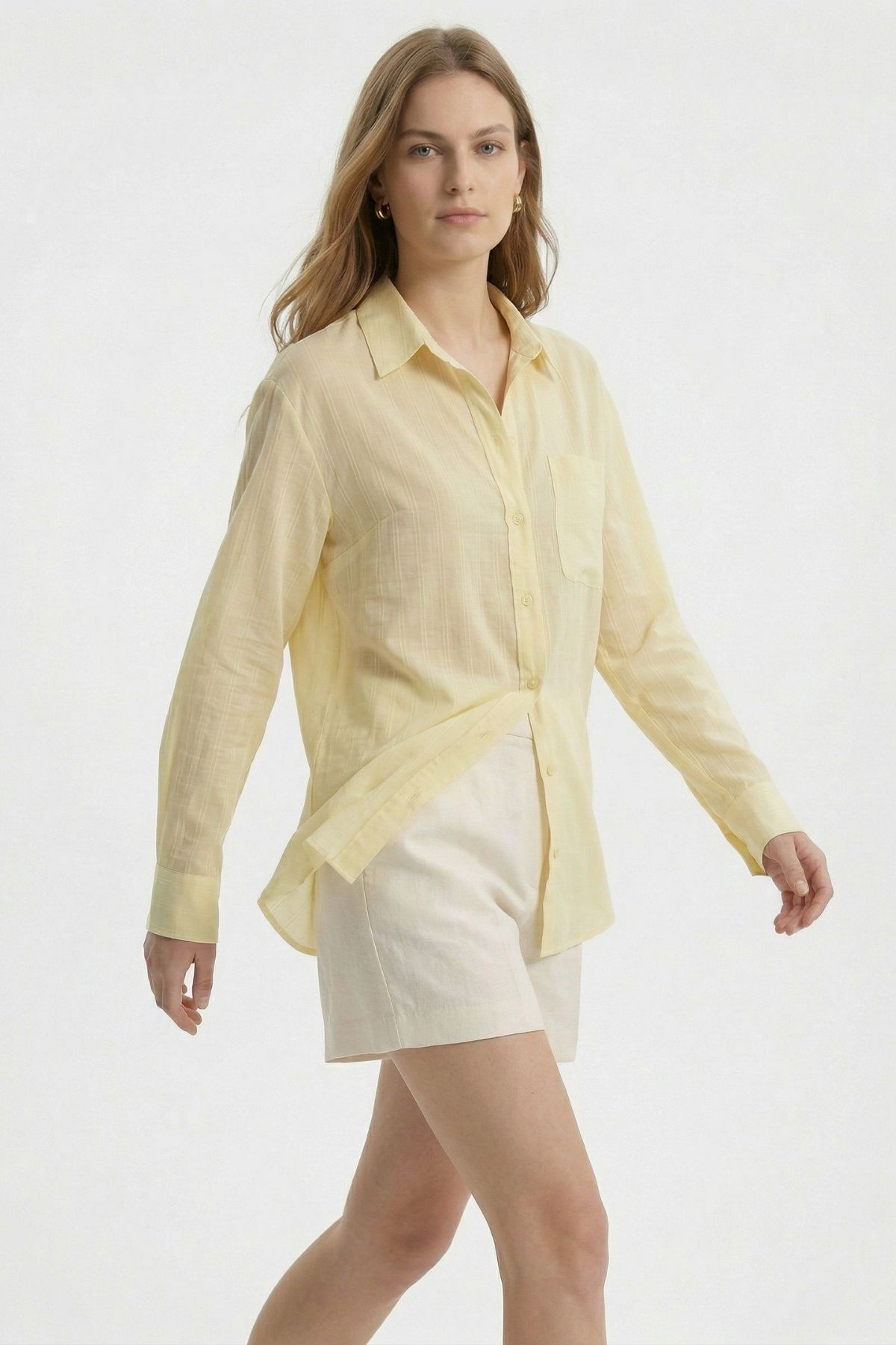 Sarı Cepli Çizgili Oversize Gömlek 5449 