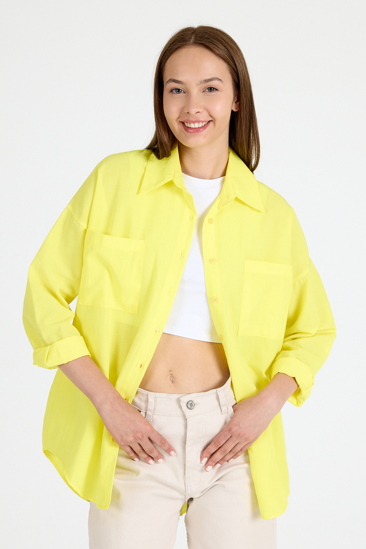 Sarı Çift Cepli Oversize Uzun Basic Gömlek TCR 6256A 