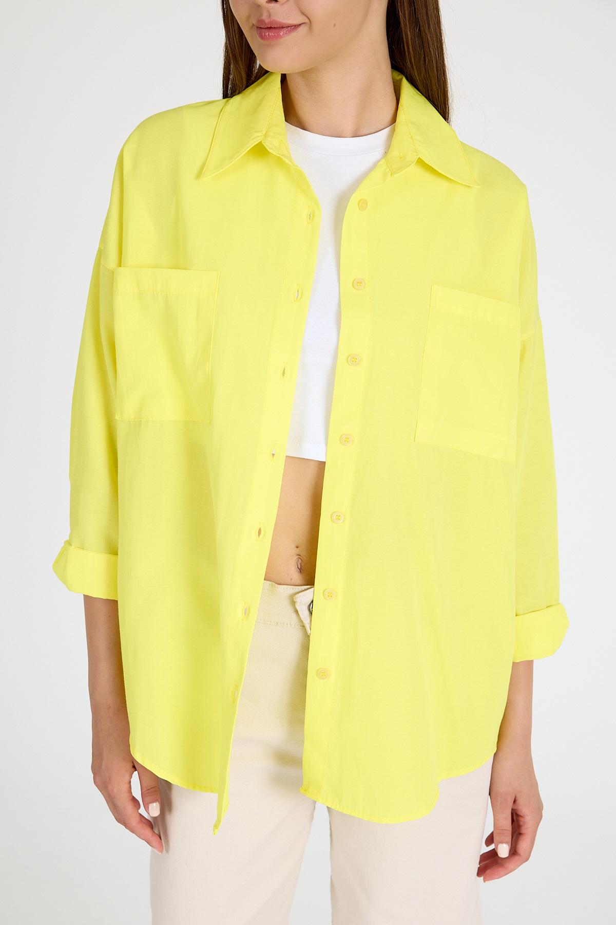 Sarı Çift Cepli Oversize Uzun Basic Gömlek TCR 6256A - 4